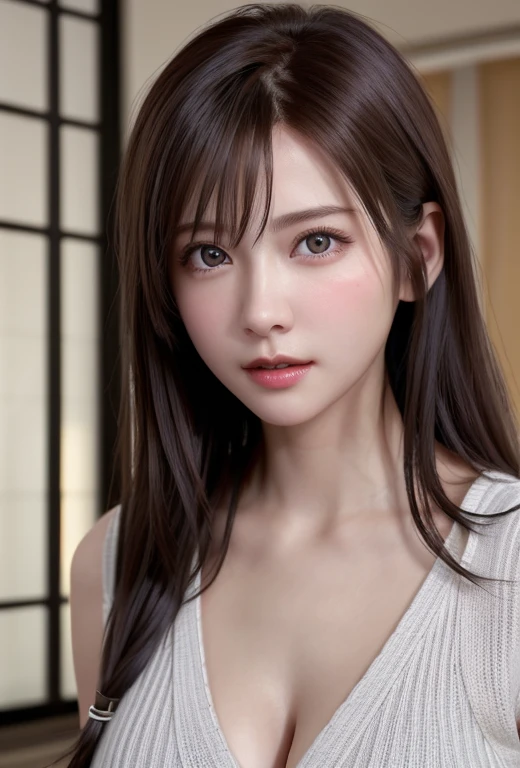 8k, highest quality, Tabletop:1.2), (Realistic, Photorealistic:1.37), highest quality, Tabletop, Beautiful young woman, Pensive expression,、attractive、そしてattractive表情, Oversized knit、Cleavage, Tie your hair back, Movie Background, Light skin tone