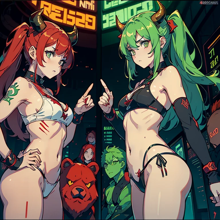( 2 muscular girls yellow eyes hair between their eyes pale skin sweaty tattoo with several bitcoin fortunes in the background several screens Each Etherius NFT is unique, showing subtle variations in its design that reflect the fluctuations of the cryptocurrency market tattooed with several without those of bitcoin etherius and a great variation of cryptocurrencies and where 2 NFT 1 in the shape of a green bull and the other in the shape of a red bear in a screen of graphs symbolizing the rise and fall of the market 2 girls, one in the shape of a green bull with its bull horns and the other girl in the shape of a red bear with bear ears with various signs of bitcoin and cryptocurrencies in the background the girl red bear with bear ears and the green bull girl with bull horns more screens of market fluctuations each different girl a girl with red bear ears metamorphos one green in the shape of a bull with its horns and muscles the other red in shape of a red bear, the sica in green symbolizes the rise of the market in the shape of a green bull, the one in red, symbolizing the fall of the market in the shape of a red bear