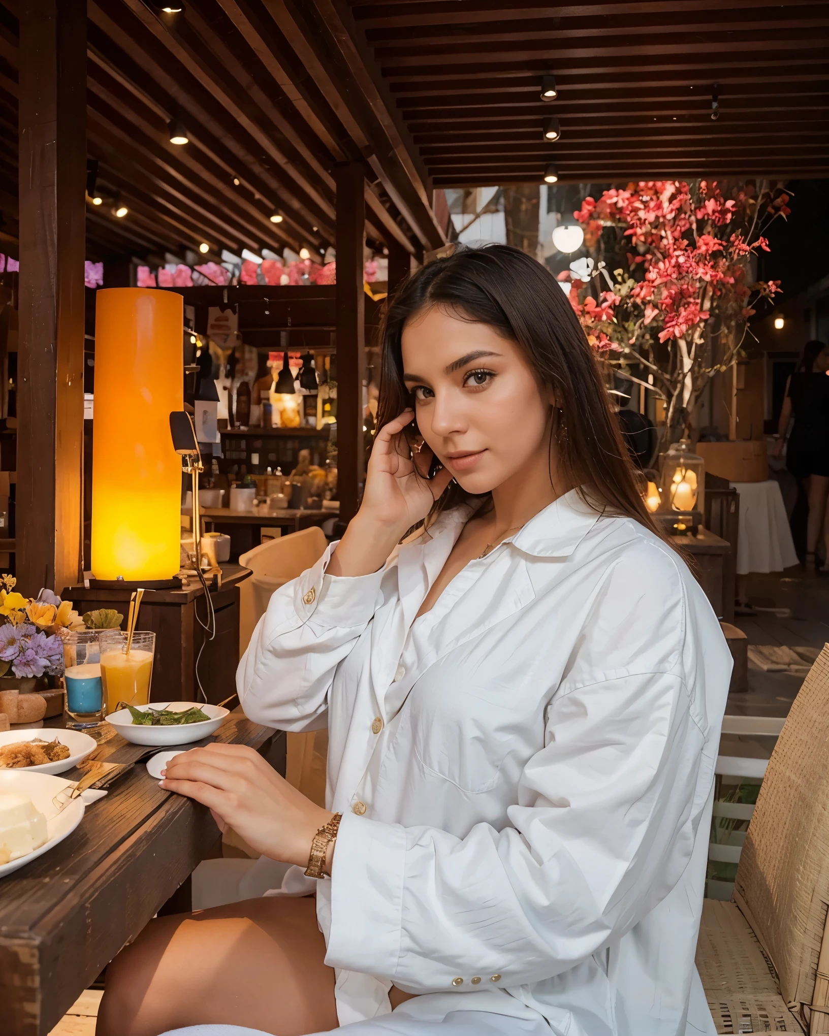 Make Larissa in this same pose wearing an identical outfit in a setting exactly like the one in the photo, cabelo castanho escuro