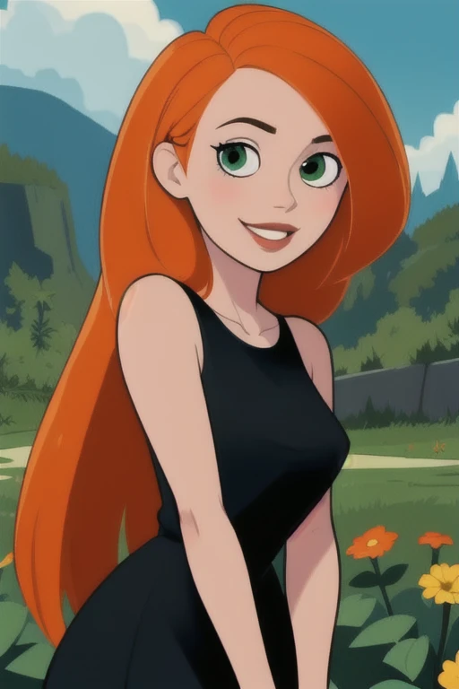 (masterpiece, best quality:1.3), 1girl, looking at viewer, kimberly ann possible, parted lips, upper body, standing, collarbone, bare shoulders, blush, colored skin, orange hair, long hair, absurdly long hair, green eyes, medium breasts, (skindentation:1.2), black dress, loose clothes, sleeveless, blue sky, clouds, garden, landscape, smile