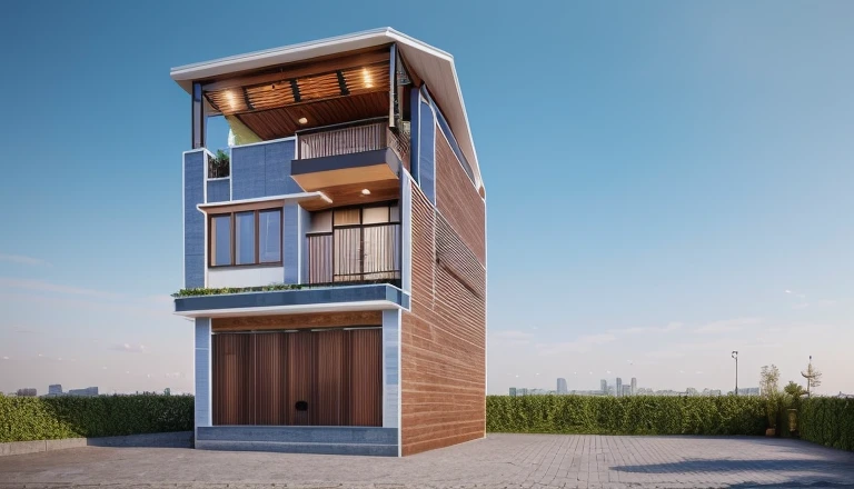 (Townhouse in city ,close houses and trees), daylight ( best quality) ((high solution)) ,(( photo realistic)) ,warm light, (sharp focont view of townhouse in style of modern,small house, Narrow area,VietNam,facade, curved arch,beautiful facade,curved windown,narrow and long ,two-storey,mutual colours, soft lighting, warm atmosphere,high Resolution, hyper detailed,4k ,vray render, octane render, hyper realistic, photography expert ,exterior design , professional photography, exterior photography,wide-angle shot , ultra detail , high Resolution , full frame, full body