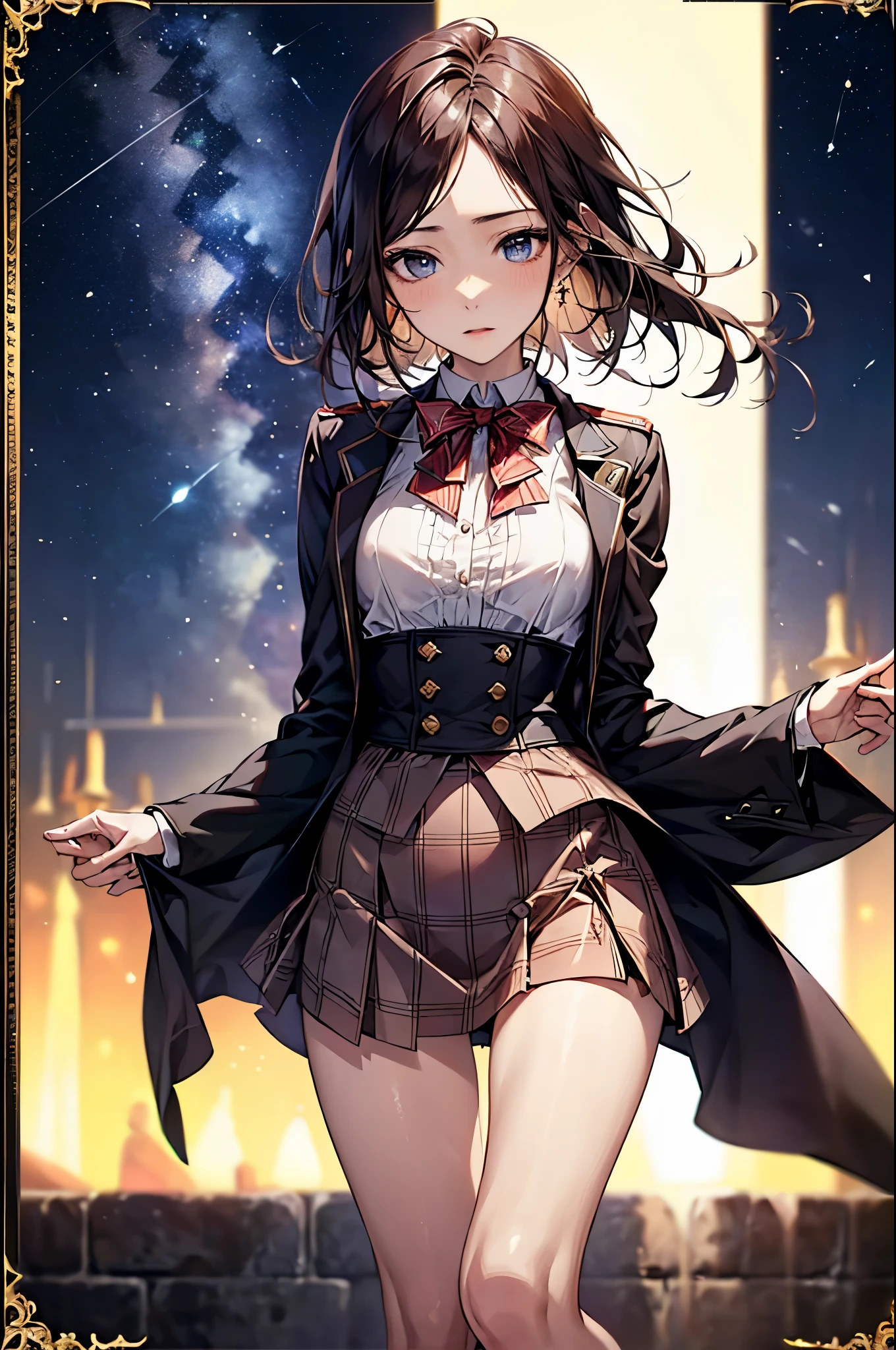 ((Biologically correct number of limbs))、(( Full body photo including face))、4K、((Standing posture))、Masterpiece、((focus on the face))、((Symmetrical facial features))、Eyes with detailed description、Beautiful woman、Outstanding style、Beautiful clavicle、Beautiful legs、Beautiful Hands、Slender Body、(stockings、High heels）、Detailed depiction of faces、Small earrings、necklace、(Red military style jacket、shirt、(Checked skirt))、((Close-up of face))、Sidelong glance、A bow tie、Starry Night、(((white frame photo)))、Ultra low angle、Droopy eyes
