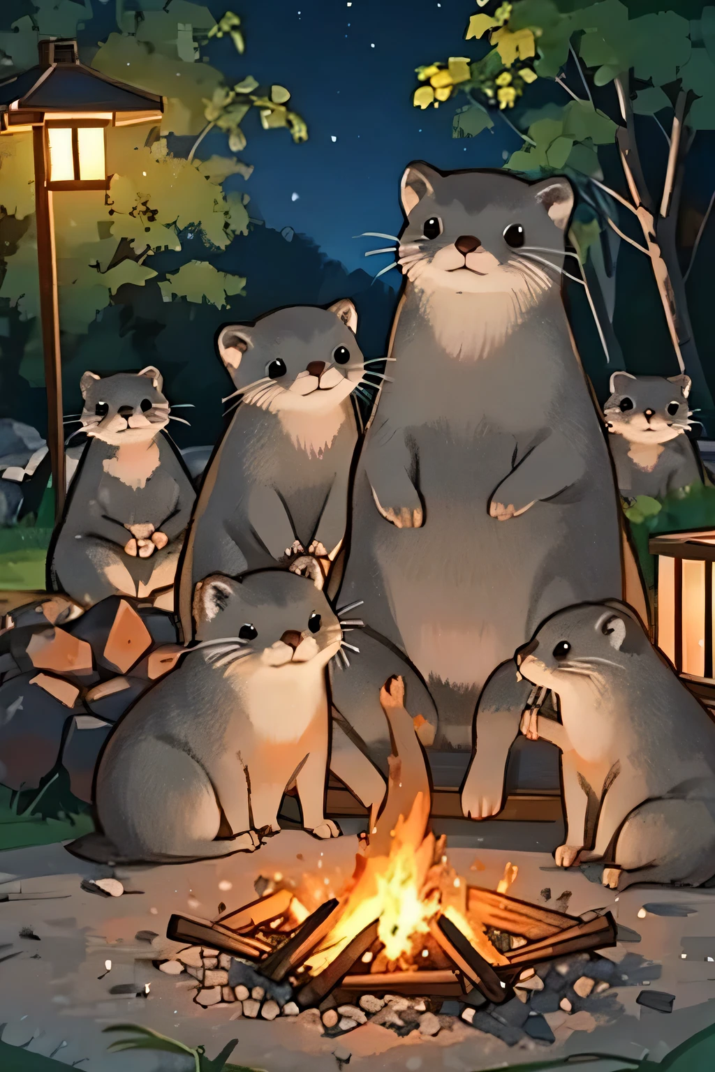 otter family/at midnight/sit around the fire/Sharing delicious food/happy hour。