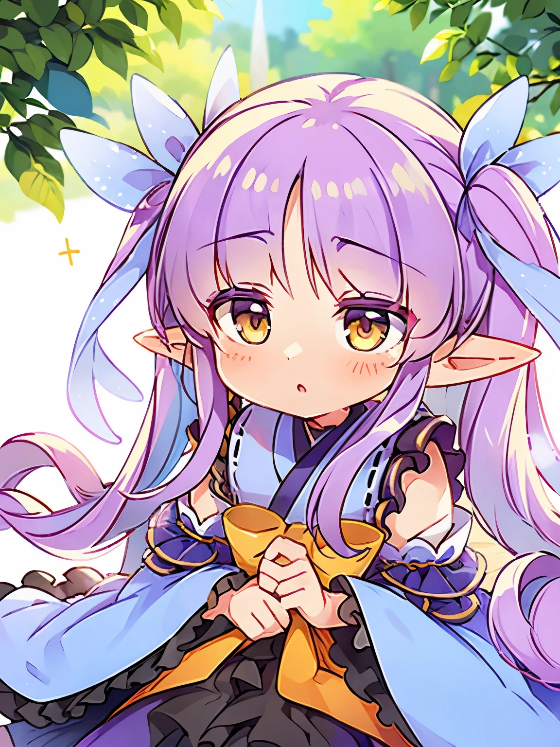 Light purple hair, Center-parted bangs, Big yellow eyes, Chibi,Pointy Ears,blue hair ornament,