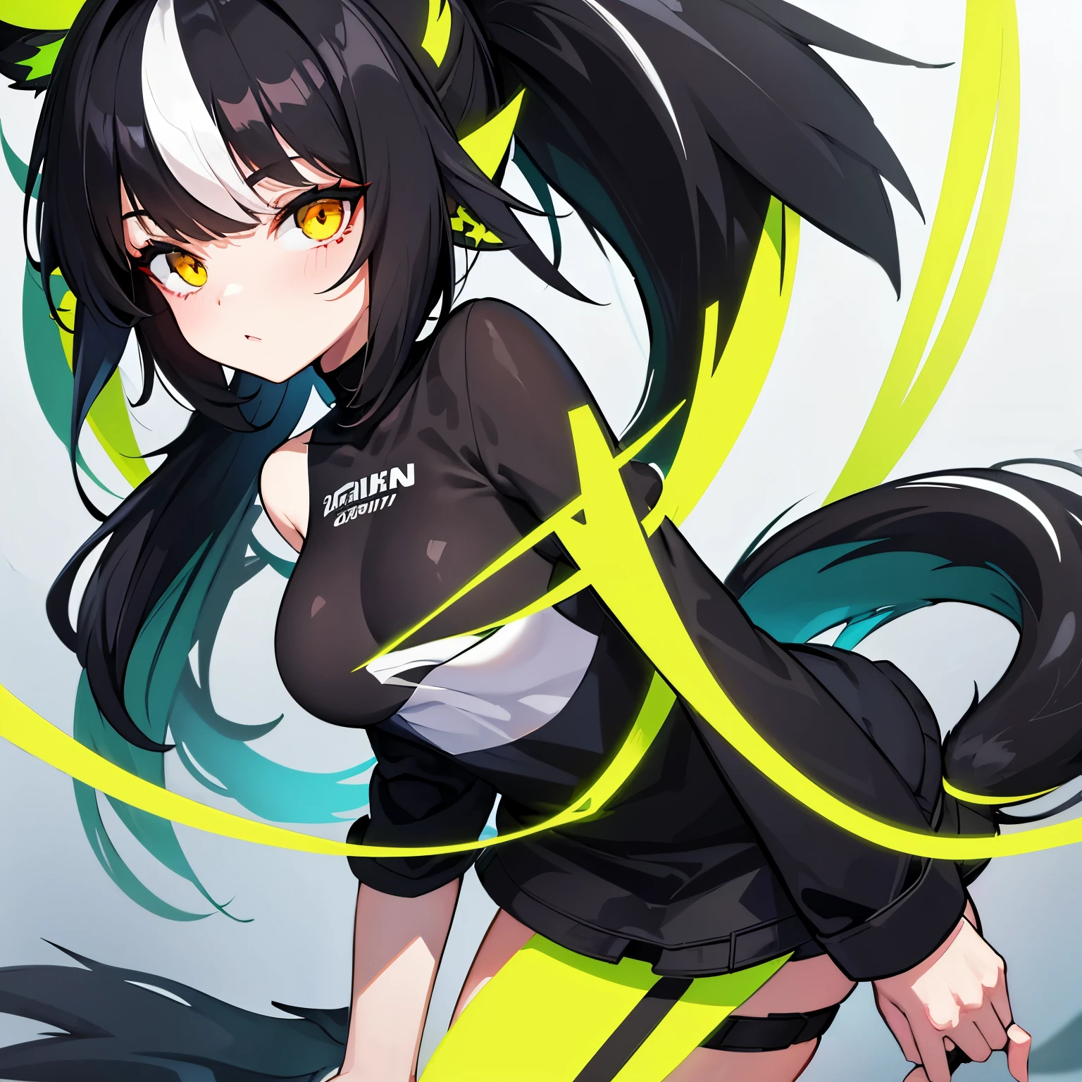 Medium length black hair with white mesh in the middle (((Skunk Girl ))), dark green and dark yellow odd eyes. Digital illustration. High quality, perfect composition, large file size.