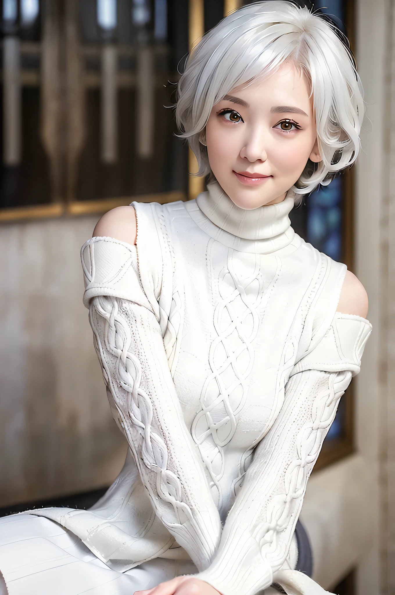 (red lips:1.4), full body, (turtleneck cable knit oversize sweater dress:1.5), , 1girl,solo,
(8k, RAW photo, best quality, masterpiece:1.3),(realistic, photo-realistic:1.37),realistic skin texture,(photorealistic:1.3),(hyperrealistic:1.2), (short hair:1.4) , seducting pose, (white colored clothes:1.7), (white hair:1.7), (seducting smile:1.4), (detached sleeves:1.4), (cheek dimples:1.4), (narrow shoulders:1.7), earrings, golden necklace, 