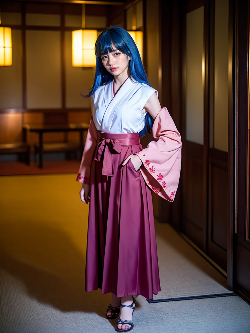 (1 lady), (Best quality at best:1.4), (ultra - detailed), (extremely detailed CG unified 16k), A Beautiful Girl: 1.4, Sharp Focus: 1.2, very detailed, High-definition RAW color photo, professional photoshooting, amazing face and eyes, (amazingly beautiful girl), ((furude rika, 11 years old girl)), ((japanese clothes, hakama, hakama skirt, detached sleeves, miko, skirt, red hakama)), standing, (Dark and stylish inside temple), (look from down), realistic cinematic face, head to feet long wide zoomed out view, full body long view, photorealistic, ((realistic natural blue hair style, bangs, long hair, purple eyes, blush)), extremely beautiful face, perfect beauty, pout mouth, Highly Detailed Face and Skin Texture, Detailed Eyes, Double Eyelids, Small Breasts, cleavages, western, (masterpiece), best quality, high resolution, extremely detailed, blurred background, depth of field, cinematic lighting, amazing legs, high heels, clear and well-cared skin, drinking red wine