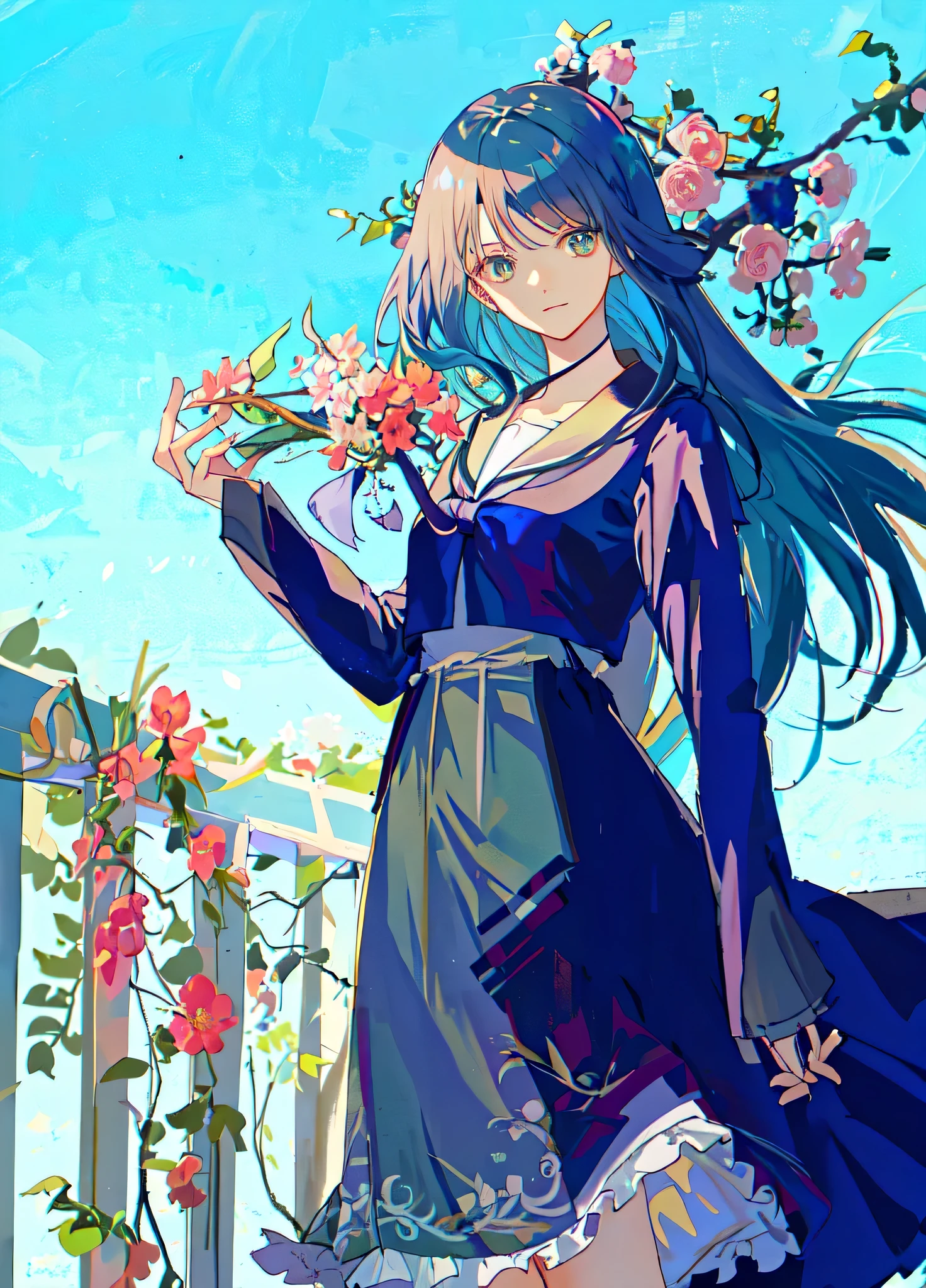 anime girl with long blue hair and a dress holding a flower, with flowers, inspired by Eizan Kikukawa, zerochan art, she is the center of the garden, holding flowers, , official art, by Eizan Kikukawa, inspired by Munakata Shikō, by Shingei, in garden,Begonia flowers,Railing vine sailor suit pleated skirt
