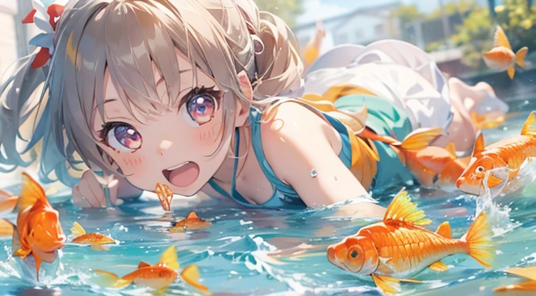 (Tabletop:1.2),(highest quality:1.1),(Very detailed:1.1),(Realistic:1.2),(colorful:1.2),(Young girl:1.3),(Japanese:1.1),(Clothing product samples:1.1),(Girls playing with goldfish scooping:1.3),(colorful contact lenses:1.2),(full body shot:1.2),(summer:1.1)