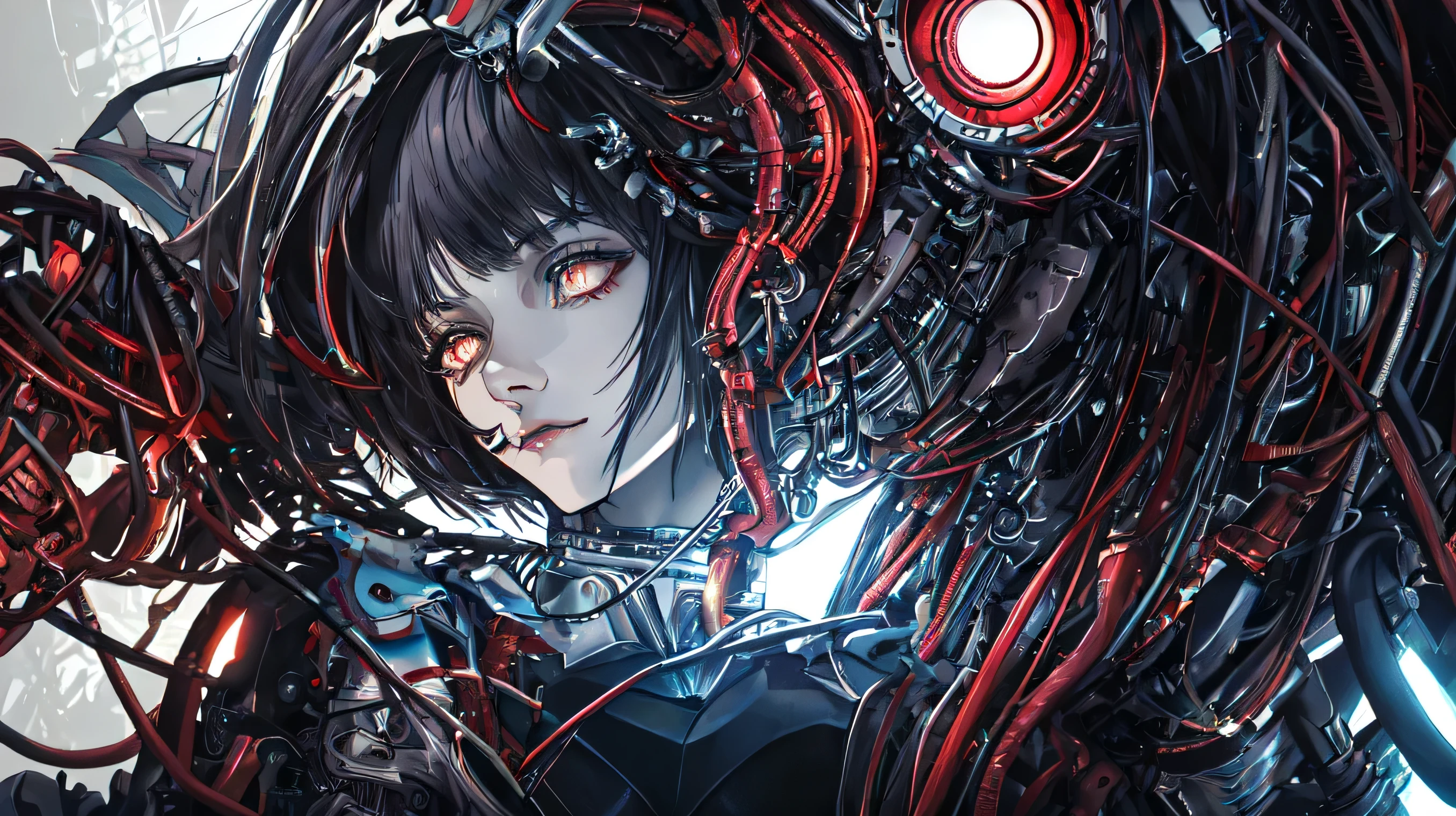 score_9,score_8_up,score_7_up,score_6_up,score_5_up,score_4_up,source_anime,best quality,very aesthetic,absurdres,Cyborg girl,nude,robotskin,black hair,female pubic hair,bokeh,reelmech,mechanical parts,cable,wires,machinery,joints,body suit,(fading waterfall, dwindling flow, eroded rocks, vanishing natural beauty),overhead shot,looking at viewer,upper body,envy,slant or almond-shaped eyes,(white skin:1.5),red eyes,