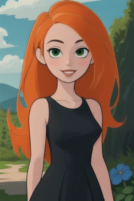 (masterpiece, best quality:1.3), 1girl, looking at viewer, kimberly ann possible, parted lips, upper body, standing, collarbone, bare shoulders, blush, colored skin, orange hair, long hair, absurdly long hair, green eyes, medium breasts, (skindentation:1.2), black dress, loose clothes, sleeveless, blue sky, clouds, garden, landscape, smile