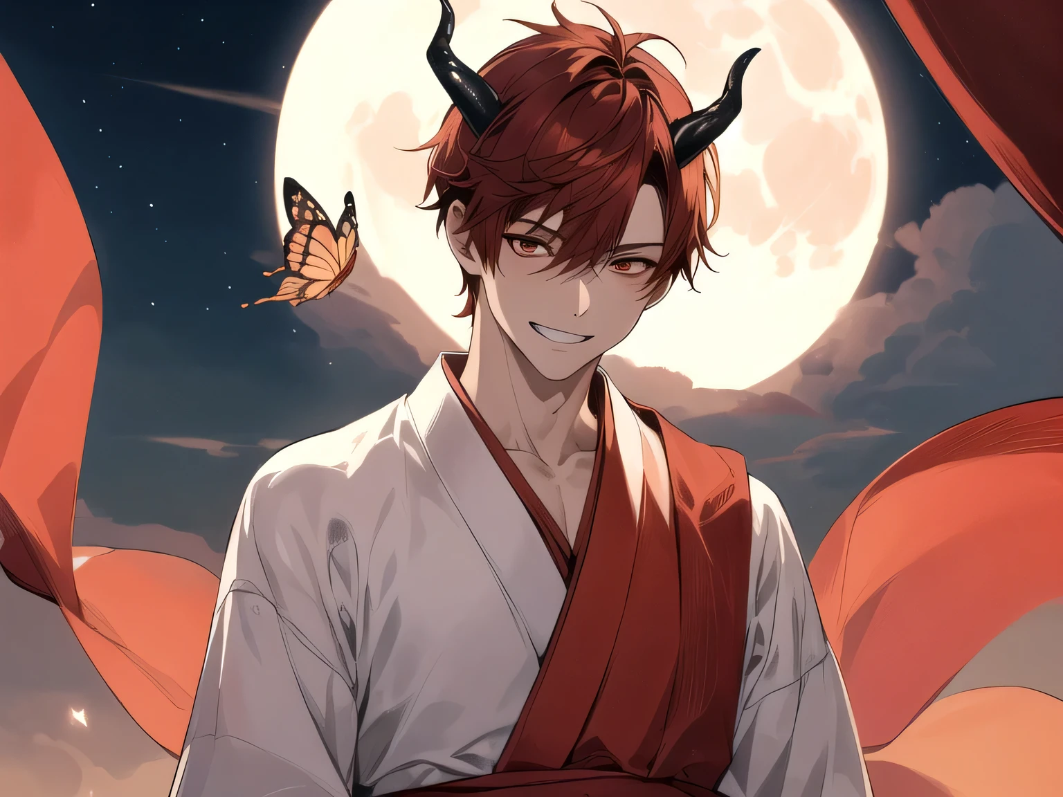 masterpiece,Dynamic Angle,,male,one person,Upper Body, Face close-up,The male is looking at the butterfly,Short Red Hair, Demon horns on head,,tooth,Bright atmosphere, A light butterfly,smile,Brown skin, Dressed in a kimono and barefoot,Night Full Moon