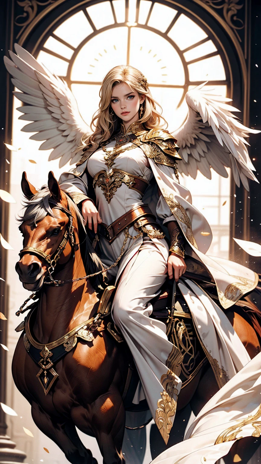 Horseback riding、It is Pegasus、Art Nouveau style、White woman、long hair、Platinum Blonde、Angel wings grow、Women are warrior maidens