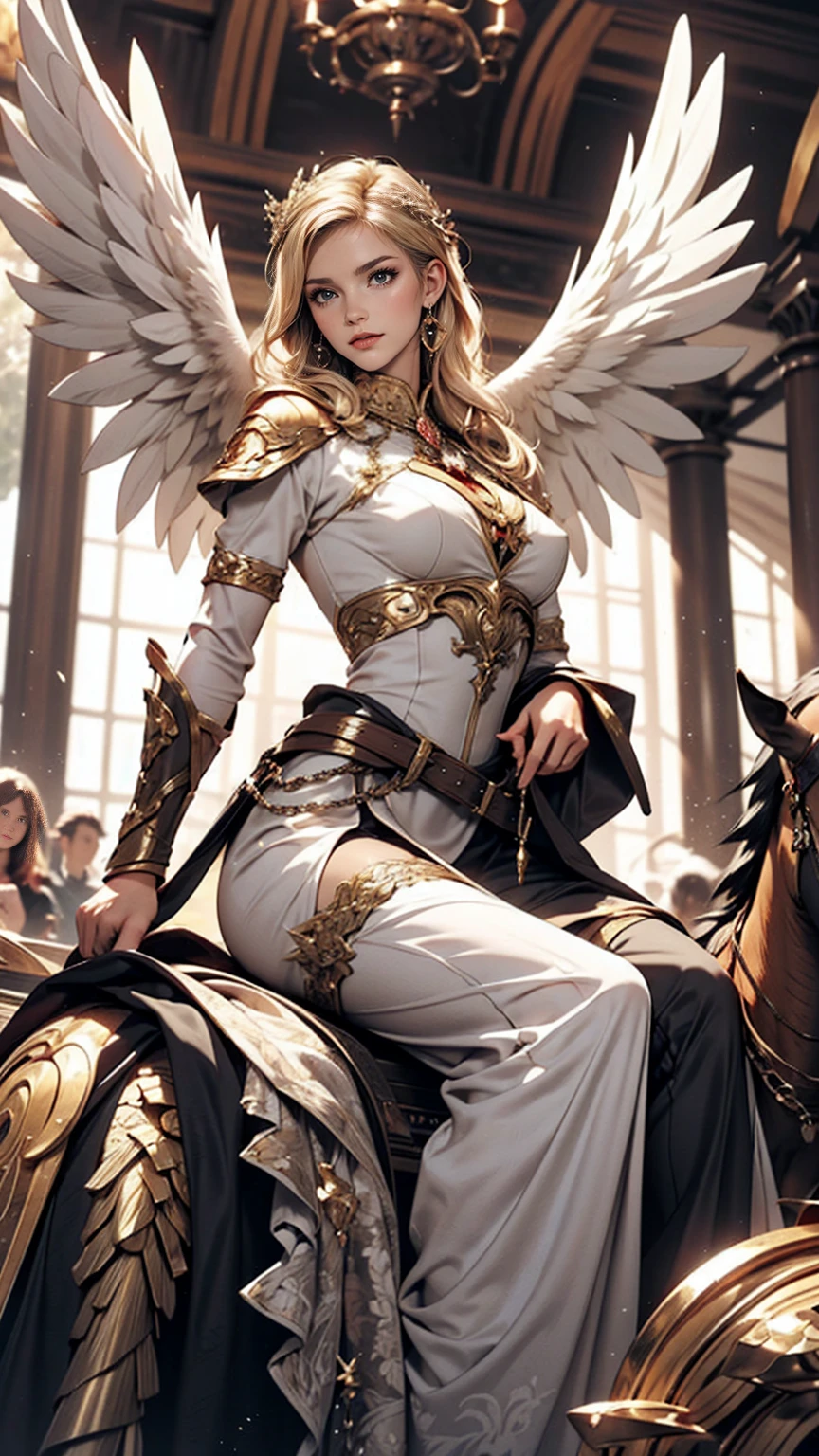 Horseback riding、It is Pegasus、Art Nouveau style、White woman、long hair、Platinum Blonde、Angel wings grow、Women are warrior maidens