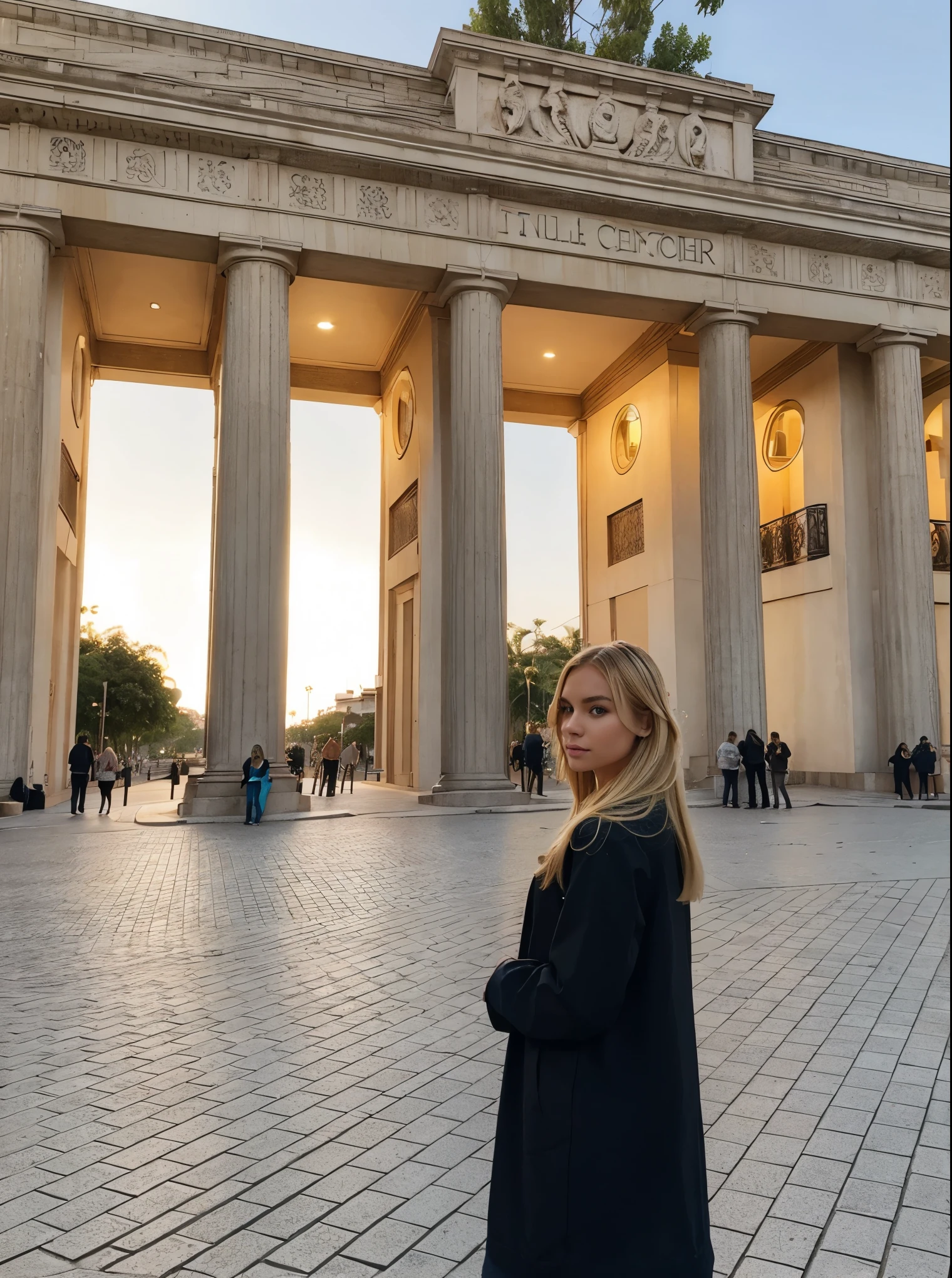 Make blonde Amanda in the same pose wearing an identical outfit in a setting exactly like the one in the photo, cabelo loiro