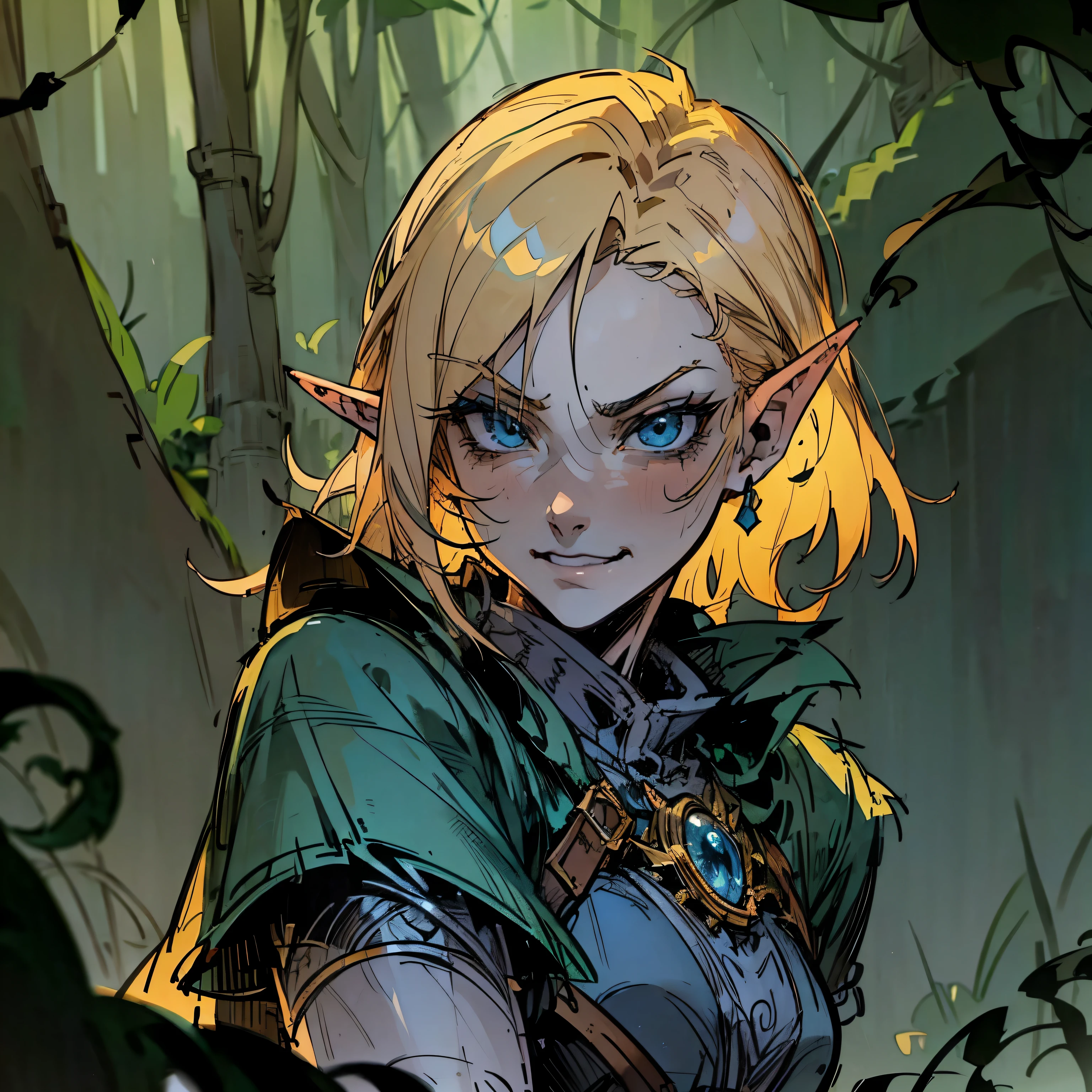 (POV: Fighting An Elf) , Blond haired tsundere elf, blue eyes, Hunter, confident, assertive, genre: dark fantasy, adventurer, smirking mischievously(Background: night time jungle forest) Dramatic moment, anime realism [Face close up, detailed face, attention to face] 