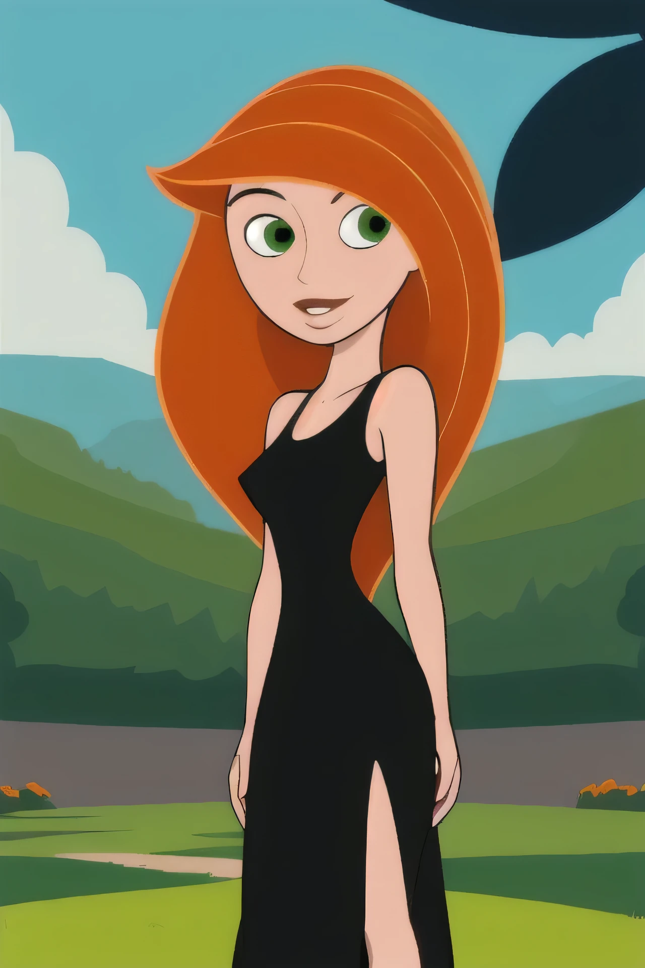 (masterpiece, best quality:1.3), 1girl, looking at viewer, kimberly ann possible, parted lips, upper body, standing, collarbone, bare shoulders, blush, colored skin, orange hair, long hair, absurdly long hair, green eyes, medium breasts, (skindentation:1.2), black dress, loose clothes, sleeveless, blue sky, clouds, garden, landscape, smile