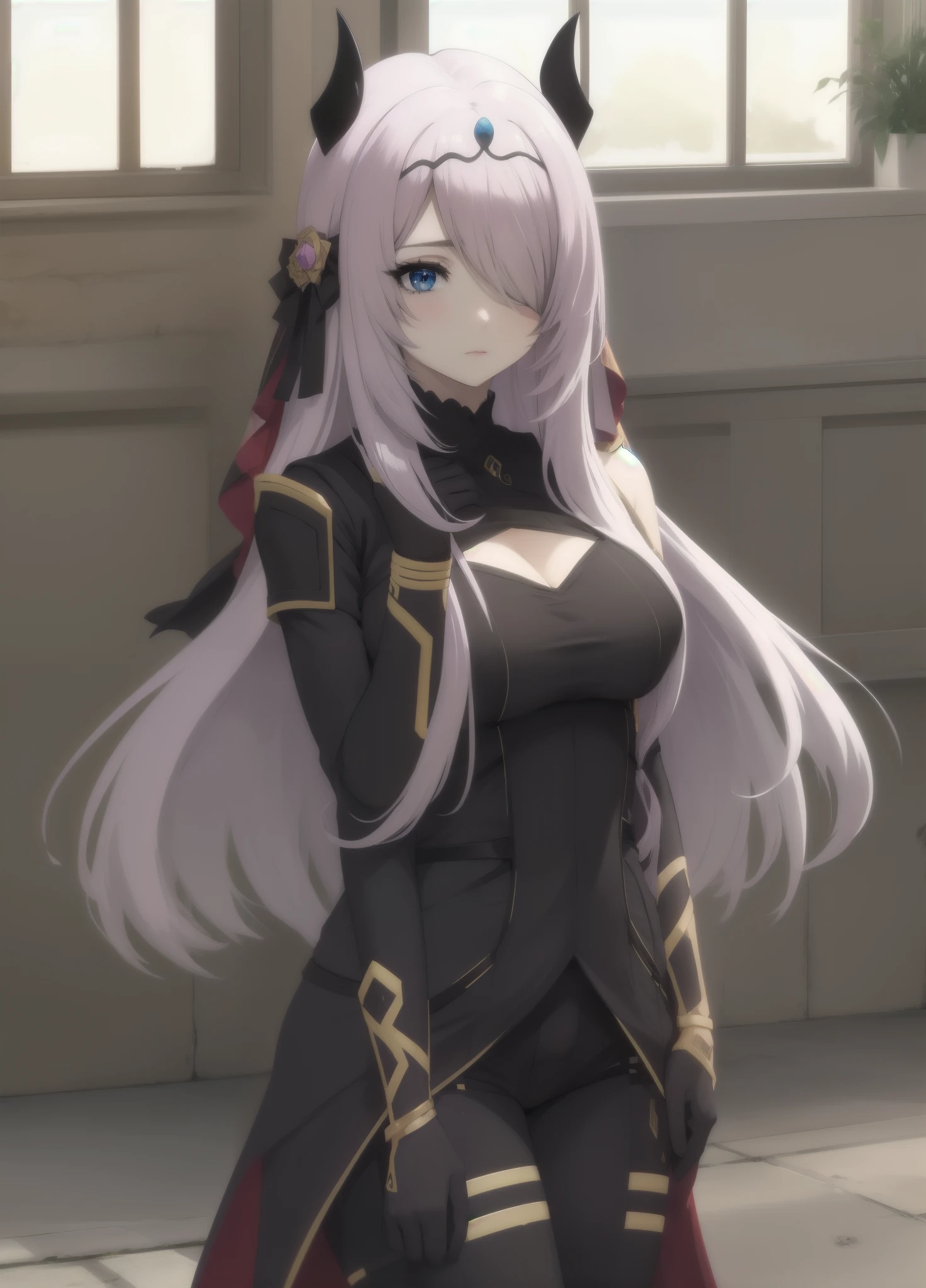 victoria horns, tiara, veil, black bodysuit, shoulder armor, long sleeves, cleavage cutout, black gloves, black overskirt, black pants