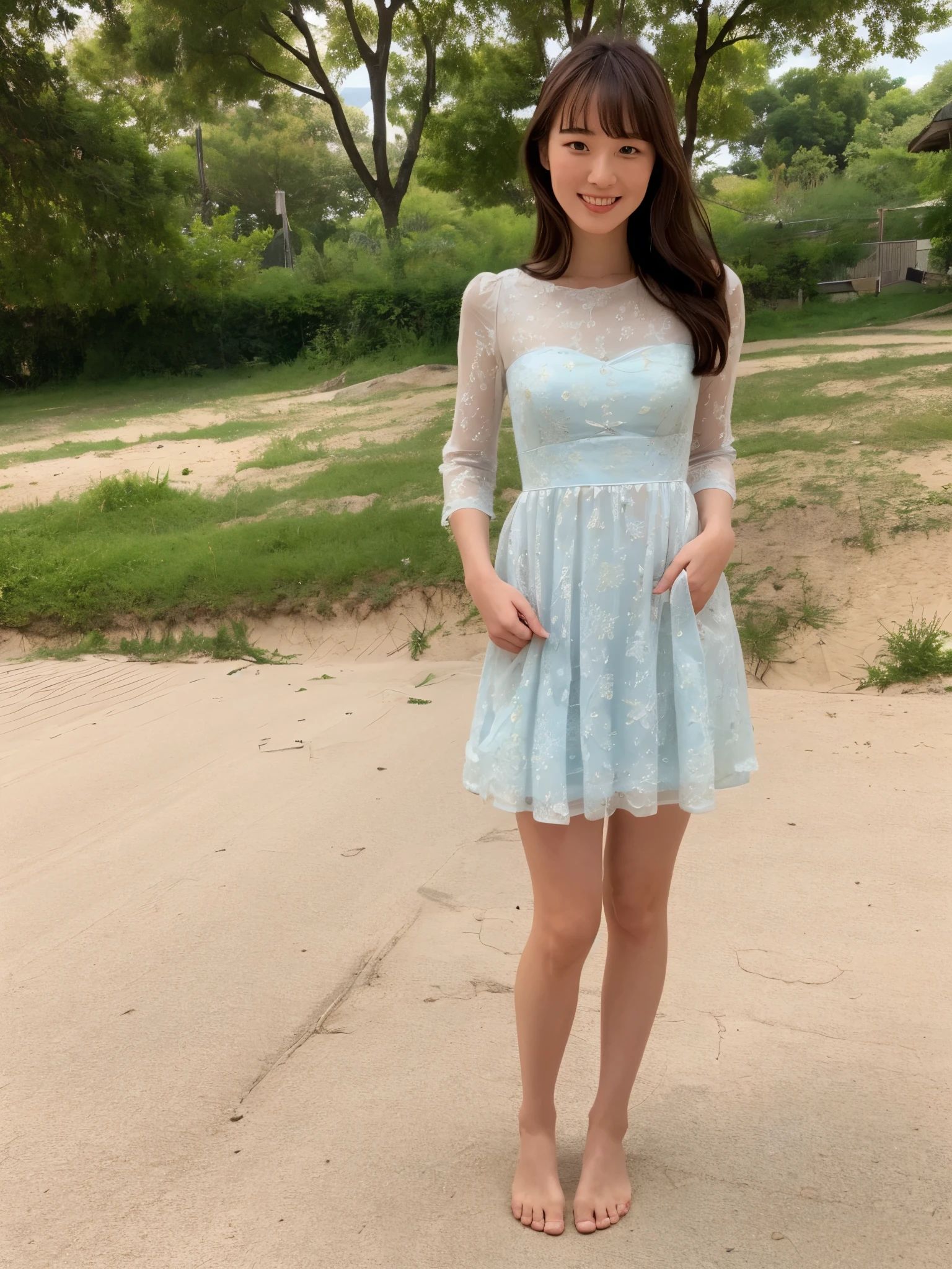 (highest quality,masterpiece:1.3,ultra high resolution),(Super detailed,caustics,8k),(photorealistic:1.4,RAW shooting),((1 girl)),((solo girl)),((full body)),((low angle)),25 years old,Japanese,cute,long black hair,bangs,Detailed face, Slender body,small breast,beautiful legs,face focus,((standing)),looking at viewer,((Light blue dress, solid fabric dress, small white floral patterned dress,long length dress, short-sleeved dress, casual dress,barefoot)),Summer, daytime, warm sunlight, beach, white clean sand, crystal clear sea