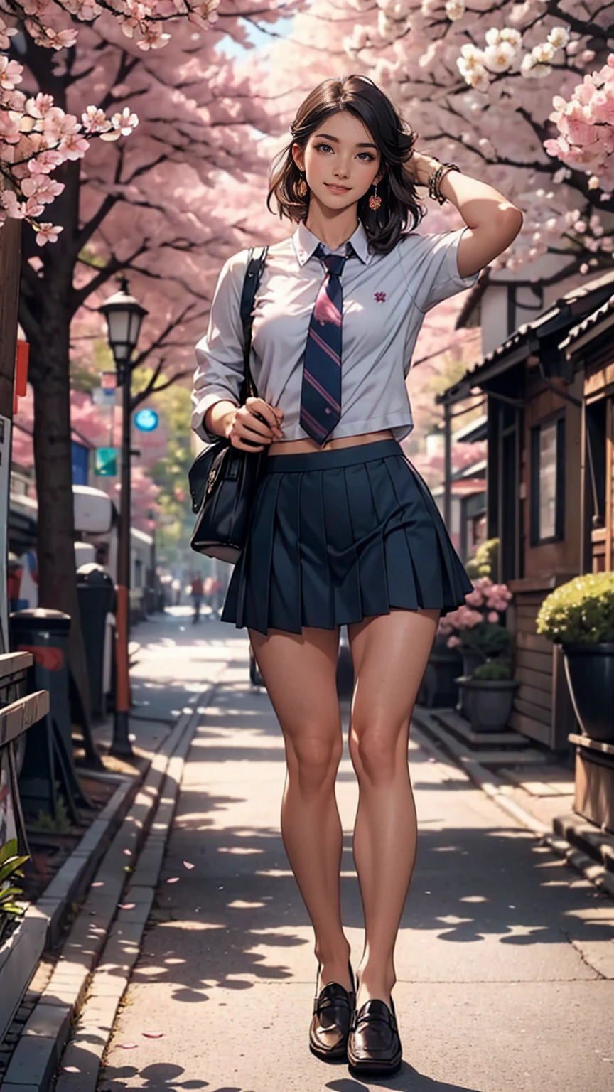 (8K, RAW Photos, highest quality, masterpiece:1.2), (Realistic, photo-Realistic:1.37)、26 year old Caucasian female、hair is black、Eye color is indigo、long hair、I braid it lightly、Slender but well-proportioned body、Having her hair done、My chest is popping out、Wearing accessories on the ankle、smile、I&#39;m wearing a hairband、wearing a tie front shirt、My abs are ripped、The belly button is visible、She is wearing a dark blue low-rise micro-mini length pleated skirt.、wearing stockings、白い靴下wear、loafers((loafer))wear、Have a student bag、I&#39;m on the row of cherry blossom trees I planted at school.、Cherry blossoms are in full bloom、smile、Entrance Ceremony