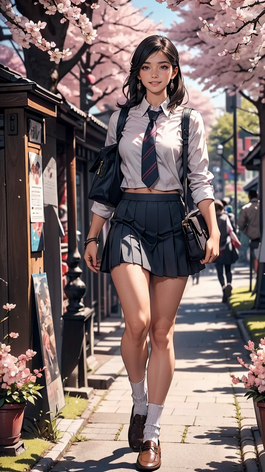 (8K, RAW Photos, highest quality, masterpiece:1.2), (Realistic, photo-Realistic:1.37)、26 year old Caucasian female、hair is black、Eye color is indigo、long hair、I braid it lightly、Slender but well-proportioned body、Having her hair done、My chest is popping out、Wearing accessories on the ankle、smile、I'm wearing a hairband、wearing a tie front shirt、My abs are ripped、The belly button is visible、She is wearing a dark blue low-rise micro-mini length pleated skirt.、wearing stockings、白い靴下wear、loafers((loafer))wear、Have a student bag、I'm on the row of cherry blossom trees I planted at school.、Cherry blossoms are in full bloom、smile、Entrance Ceremony