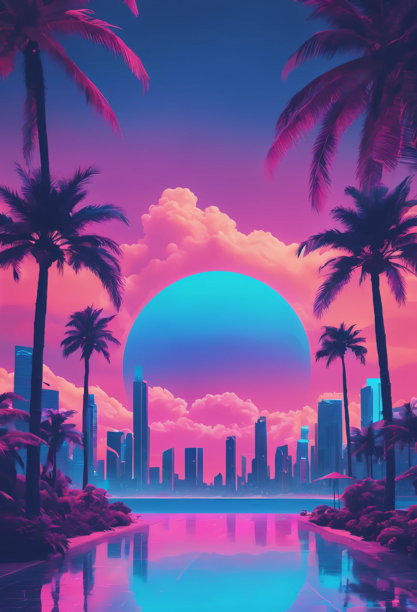 vaporwave aesthetics、colored neons、dreamy atmosphere、Cyberpunk atmosphere、fault art、80s retro vibe、Geometric patterns、surreal scenery、Japanese text、pink and purple shades、hologram effect、beach sunset、Palm tree、3D rendering object、Reflective surface、tropical paradise、bright colors、synthesized music、Numerical aesthetics，Abstract shapes，miami vice style，future fashion，beach，Smooth gradients，pastel color palette，nostalgic ambiance，Low-fidelity aesthetics，urban skyline，sunset reflection，Surreal sunset，The formation of clouds，virtual reality
