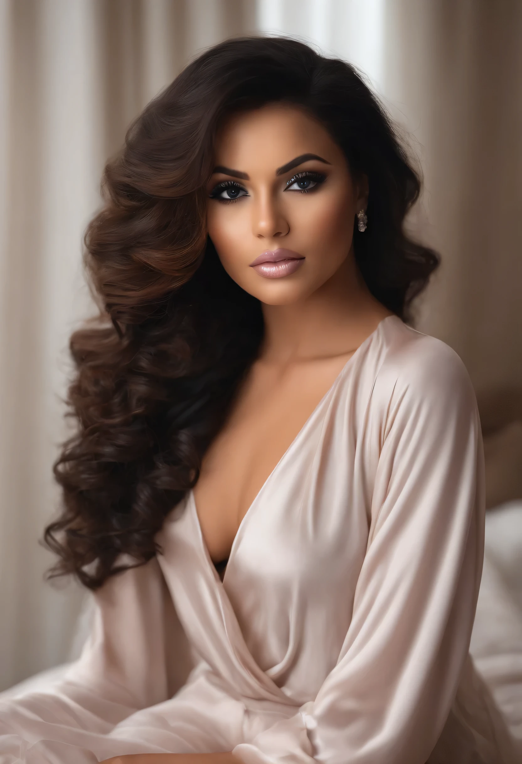 arafed femme pleinement , Fille sexy aux yeux marrons, ultra realistic, meticulously detailed, Portrait de CHANTAL BIYA, cheveux noirs et grands yeux, selfie d'une jeune femme, Yeux de chambre, Violette Myers, sans maquillage, maquillage naturel, regarder directement la caméra, visage avec artgram, maquillage subtil, superbe photo de tout le corps à genoux sur le lit, dans la chambre, Medium to large bust