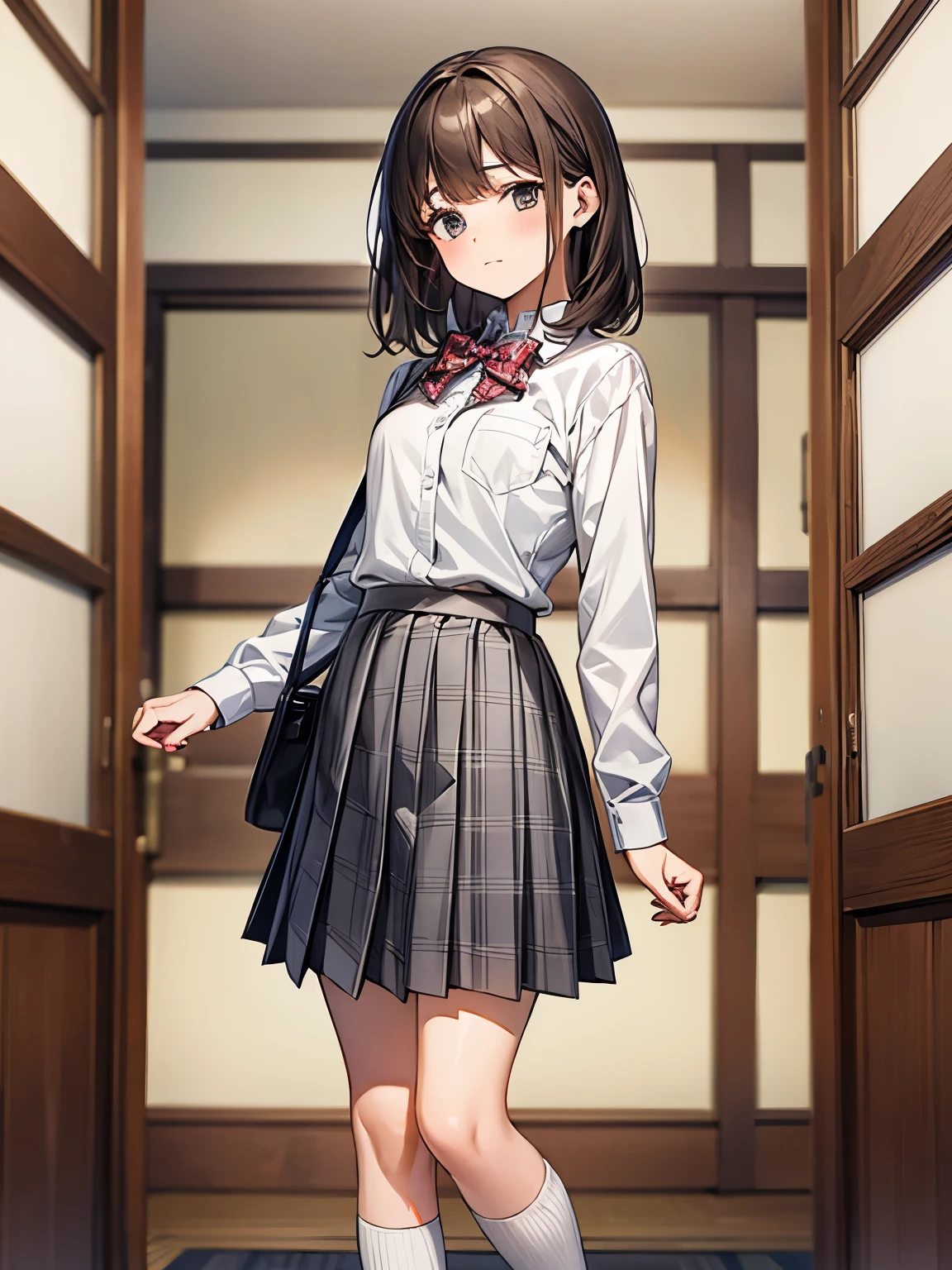 1 girl, Solo, Cute Girl, 13 years old, Best Quality, Ultra-detailed, 8K, High resolution, Detailed face, dark brown hair, bob hair, (((tareme:1.5, downer))), (((school uniform, white collared shirt, bowtie, pleated skirt, gray skirt, plaid skirt, long skirt:1.3, white socks))), standing, in the Japanese style room,