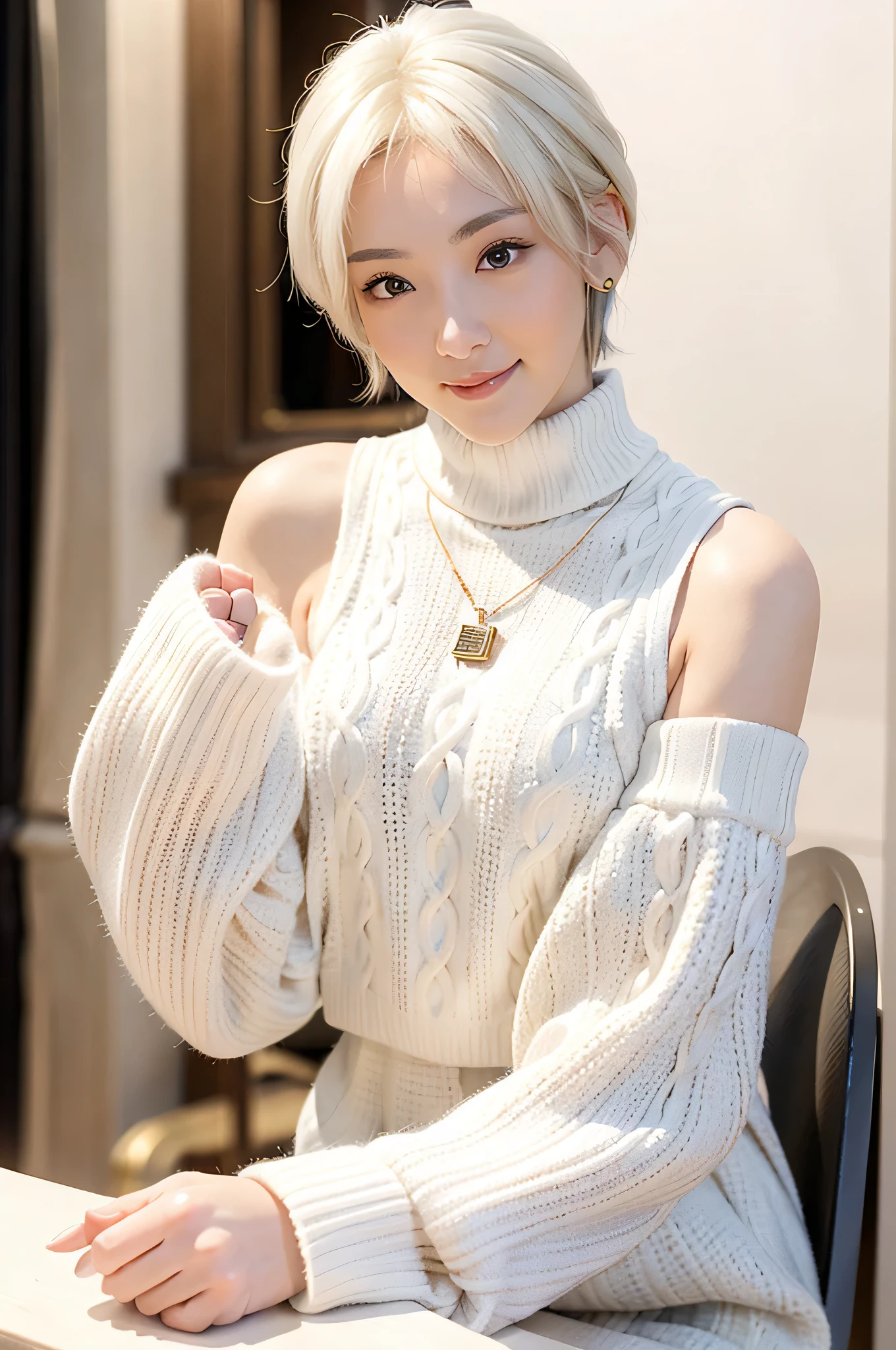 (red lips:1.4), full body, (turtleneck cable knit oversize sweater dress:1.5), , 1girl,solo,
(8k, RAW photo, best quality, masterpiece:1.3),(realistic, photo-realistic:1.37),realistic skin texture,(photorealistic:1.3),(hyperrealistic:1.2), (short hair:1.4) , seducting pose, (white colored clothes:1.7), (white hair:1.7), (seducting smile:1.4), (detached sleeves:1.4), (cheek dimples:1.4), (narrow shoulders:1.7), earrings, golden necklace, 