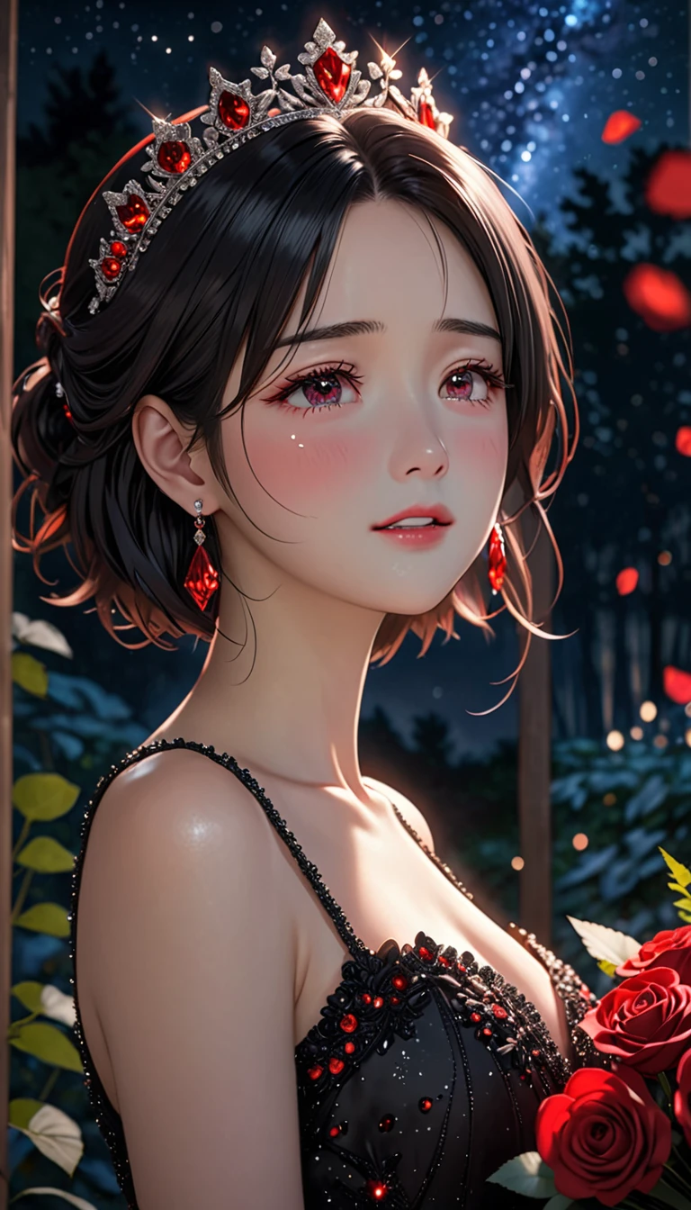 National Science Foundation,masterpiece,High resolution,8K,Art,digit,Three-dimensional,Kyoto Animation Style,your name movie style,Facing the camera,(((From the front))),Soft Light,Glowing skin,(1 female: 1.3),(alone: 1.4),((long black hair)),((Gorgeous,sparkling black wedding dress)),(Red Swarovski crystals on gorgeous wedding dress),(red crystal crown),(red crystal necklace),(red crystal earrings),Long eyelashes,slender legs,Short Bob,bouquet of red roses in hand,Close-up of upper body,Close-up,close view,Starry sky at night,silent dark forest,Starry eyes,Blushed,shy,shy,open mouth,(((sad))),(((cry))),(((shed tears)))