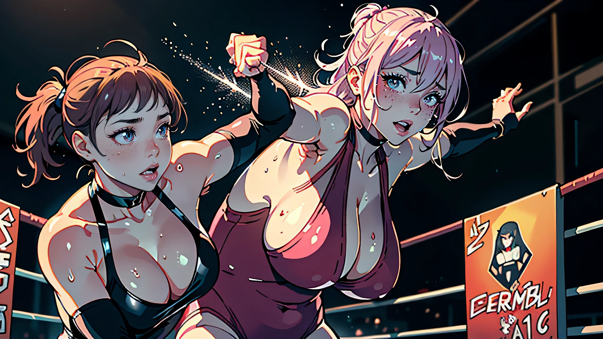 masterpiece, highest quality, (Highly detailed CG Unity 8k wallpaper), (highest quality), (Best illustrations), (Best Shadow), Confused, Realistic lighting, (abyss), Beautiful and delicate shine,victory,Random Pause,((Bare skin wet with sweat,Female professional wrestler)),Cute freckles on the cheeks,Mole under left eye,whole body,Hair wet with sweat,A leotard-type wrestling costume with gorgeous decorations,pain,suffering,ring,Plump,Villain wrestler,A female wrestler with pink dyed hair,During the game,Standing on the corner post,Chainlink Death Match,