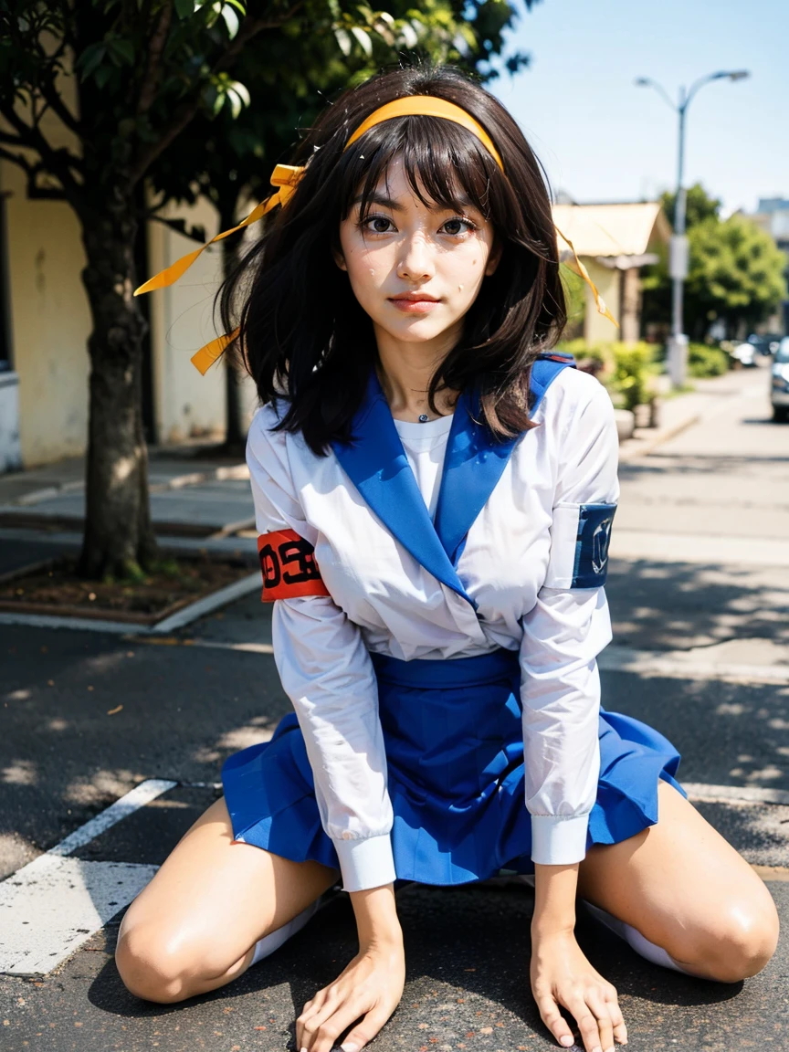 (1 lady), (Best quality at best:1.4), (ultra - detailed), (extremely detailed CG unified 16k), A Beautiful Woman with Perfect Figure: 1.4, Sharp Focus: 1.2, very detailed, High-definition RAW color photo, professional photoshooting, amazing face and eyes, cosmetics, (amazingly beautiful girl), ((suzumiya haruhi)), ((kita high sch0ol uniform, blue sailor collar, blue skirt, armband, hairband, medium hair, ribbon, socks)), standing, nature, tree, park, (look from down), realistic cinematic face, head to feet long wide zoomed out view, full body long view, photorealistic, ((realistic natural caramel brown hair style, brown eyes)), gorgeous, extremely beautiful face, perfect model beauty, pout mouth, Highly Detailed Face and Skin Texture, Detailed Eyes, Double Eyelids, Medium Breasts, smiling hard, cleavages, western, (masterpiece), best quality, high resolution, extremely detailed, blurred background, depth of field, cinematic lighting, amazing legs, high heels, clear and well-cared skin, drinking red wine