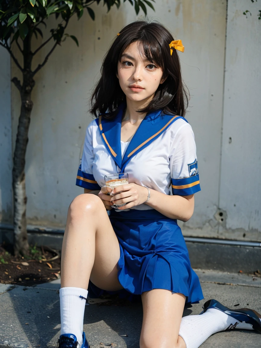 (1 lady), (Best quality at best:1.4), (ultra - detailed), (extremely detailed CG unified 16k), A Beautiful Woman with Perfect Figure: 1.4, Sharp Focus: 1.2, very detailed, High-definition RAW color photo, professional photoshooting, amazing face and eyes, cosmetics, (amazingly beautiful girl), ((suzumiya haruhi)), ((kita high sch0ol uniform, blue sailor collar, blue skirt, armband, hairband, medium hair, ribbon, socks)), standing, nature, tree, park, (look from down), realistic cinematic face, head to feet long wide zoomed out view, full body long view, photorealistic, ((realistic natural caramel brown hair style, brown eyes)), gorgeous, extremely beautiful face, perfect model beauty, pout mouth, Highly Detailed Face and Skin Texture, Detailed Eyes, Double Eyelids, Medium Breasts, smiling hard, cleavages, western, (masterpiece), best quality, high resolution, extremely detailed, blurred background, depth of field, cinematic lighting, amazing legs, high heels, clear and well-cared skin, drinking red wine
