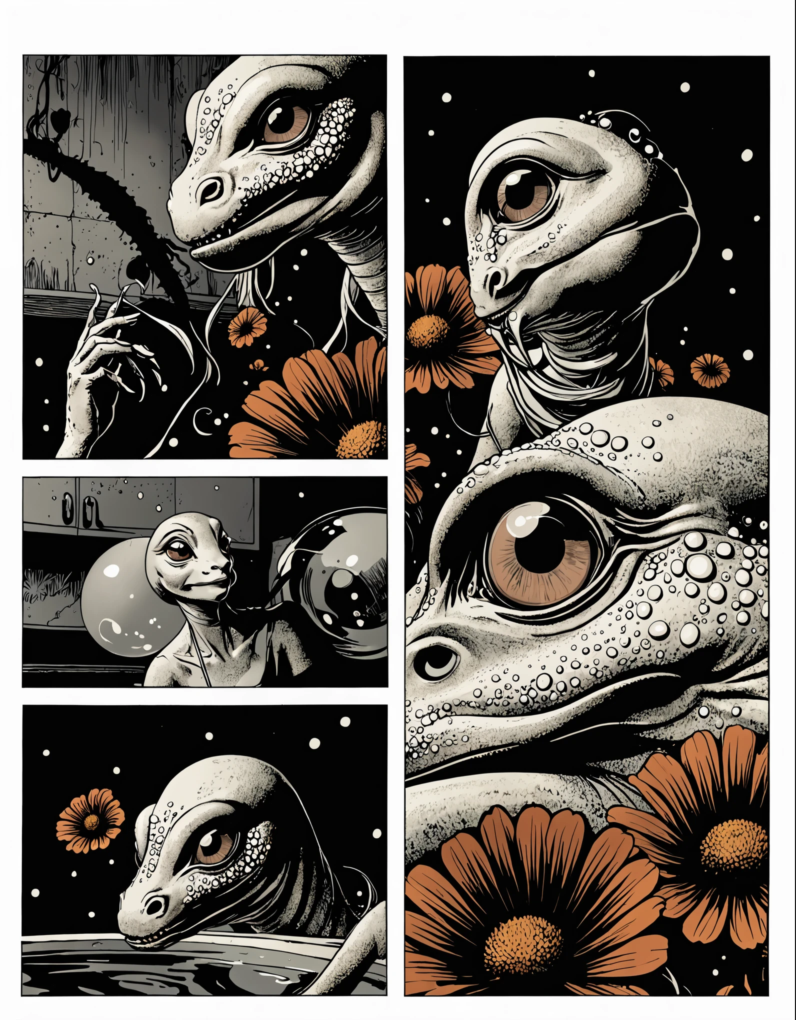 ¡Sueltame hija de puta! ¡Sueltame y ponme en el puto suelo maldita planta de mierda! –Carmen shouted, trying to get away while small droplets of milk fell from the girl's swollen nipples. “Wait, wait a moment, aunt!”, no, no te acerques, no te acerques joder! Oh my god this thing is going to eat me alive! ¡Sueltame! Dear God, what have I done to you to deserve this ending?!
The alien plant sucked the human mother's milk. It differed quite a bit from the other species that was its natural victim, but to its own surprise it found that it was richer in nutrients than the milk it was used to drinking.. He quickly made the decision to adopt the new species as a new victim of his food chain and from one of the sides of his immense stem six new specialized tentacles emerged that ended in bell-shaped appendages.. Two of them grabbed Carmen's full breasts, filling them on their entire surface and beginning to exert deep and intense suction on them in order to release the nutrient liquid that she needed for her survival.. The other four tentacles touched the young female body trying to identify the rest of the glands that it was used to drinking from so as not to discover anything more than the two that it had already occupied..
a.PORTADA DE LUJO PARA UN LIBRO, cinematographic, 8k , ESTILO SANDMAN NEIL GAIMAN la prostituta del burdel y el poeta (La mejor calidad, Altas Resoluciones, realista:1.37), ultra detallado,