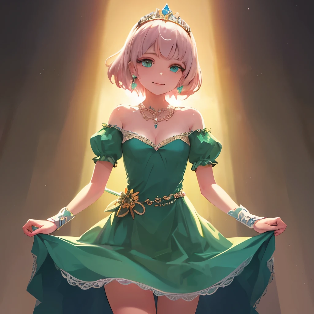 super detailed:1.2, cowboy shot, standing, princess, [pink hair:silver hair:0.5], short hair, wavy hair, tied hair, green princess dress, cleavage, small breasts, holding the skirt with both hands, princess tiara, puffy eyes, green aqua eyes, earrings, necklace, light smile, UHD, masterpiece, ccurate, textured skin, highres, alone