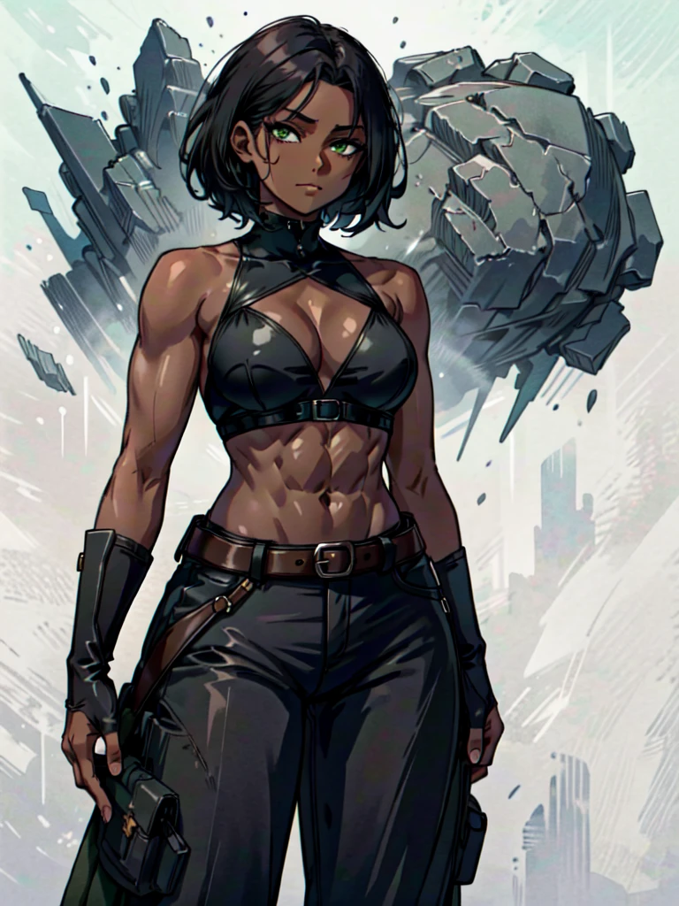 dark-skinned female, abs, muscular, very short hair, stone-like skin, dark brown hair, green eyes, strong, tall, pants, fingerless gloves, cracks in skin, earth elemental