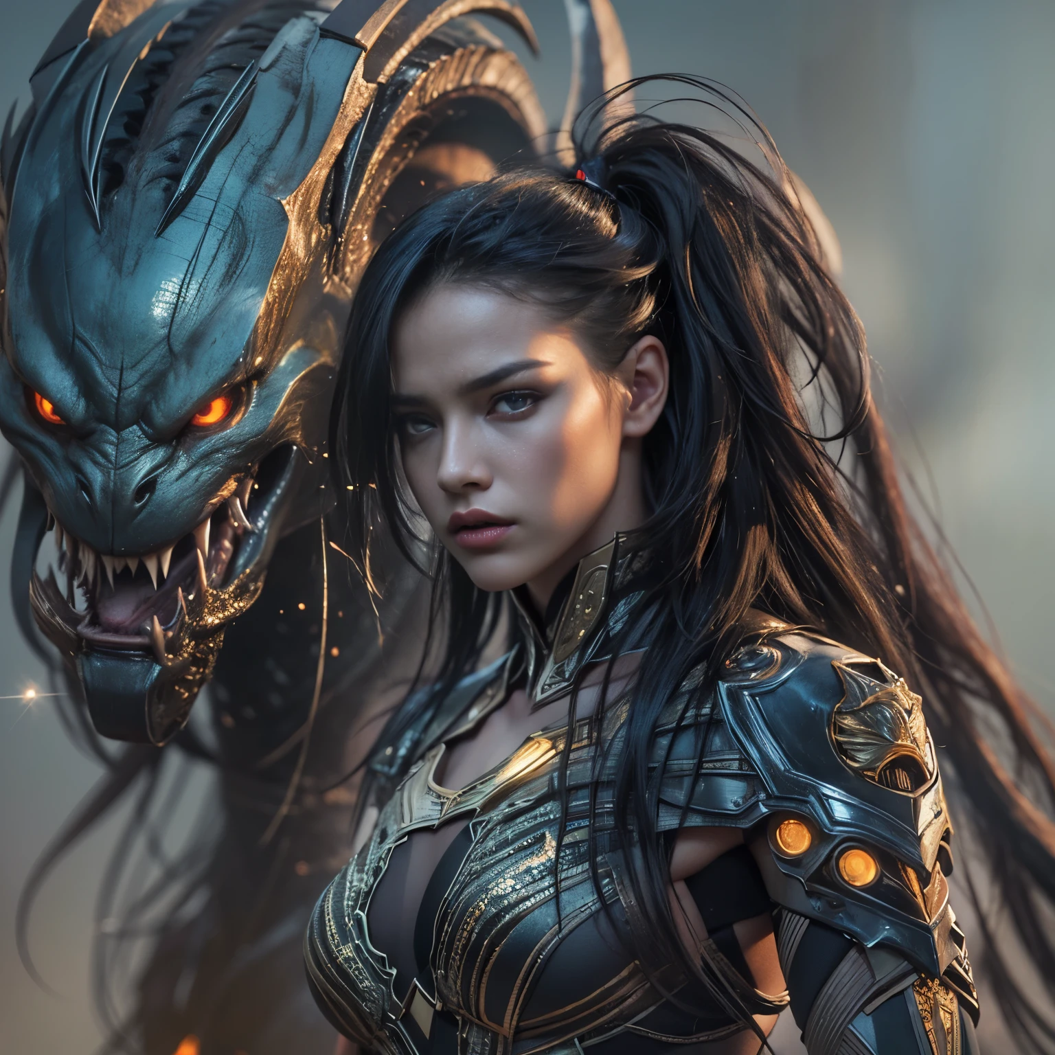 1 female alien, The predator, (incredibly beautiful:1.2), (gaze:1.4), (predator:1.1), long dark claws, (NFV:1), nipples, thick eyebrows, (She has sparkling sky blue orange eyes:1.2), the most beautiful face in the universe, jet black hair, symmetrical beautiful eyes, hyper detailed eyes,

A woman predator with an incredibly beautiful face, her gaze fixed on her prey, primal force, which cannot be denied.

(Beautiful slim body:1.5), (muscular build:1.2), (wandering:1.3), (smooth movements:1.4)

Her beautiful body, muscular and fit, moved with graceful grace, wander along, ready to strike at any moment. The predator within her was always on,                                                                          
                                                                                                                                                               
 Cinematic drawing of characters, ultra high quality model, Cinematic quality, detail, (complex parts:1.2), a high resolution, a high resolution, conscientiously drawing, official art, Unity 8K Стена , 8K portrait, Best quality, Very a high resolution, ultra detailed artistic photography,