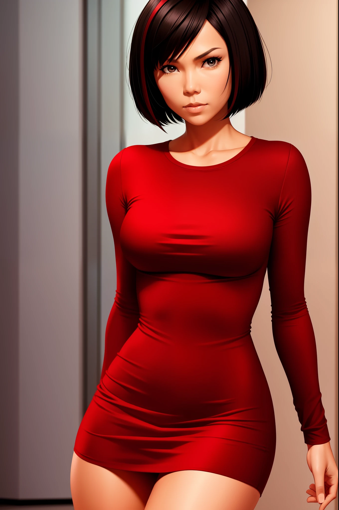 Lexa Doig, skintight bodycon dress, bobcut black hair with red highlights, short hemline