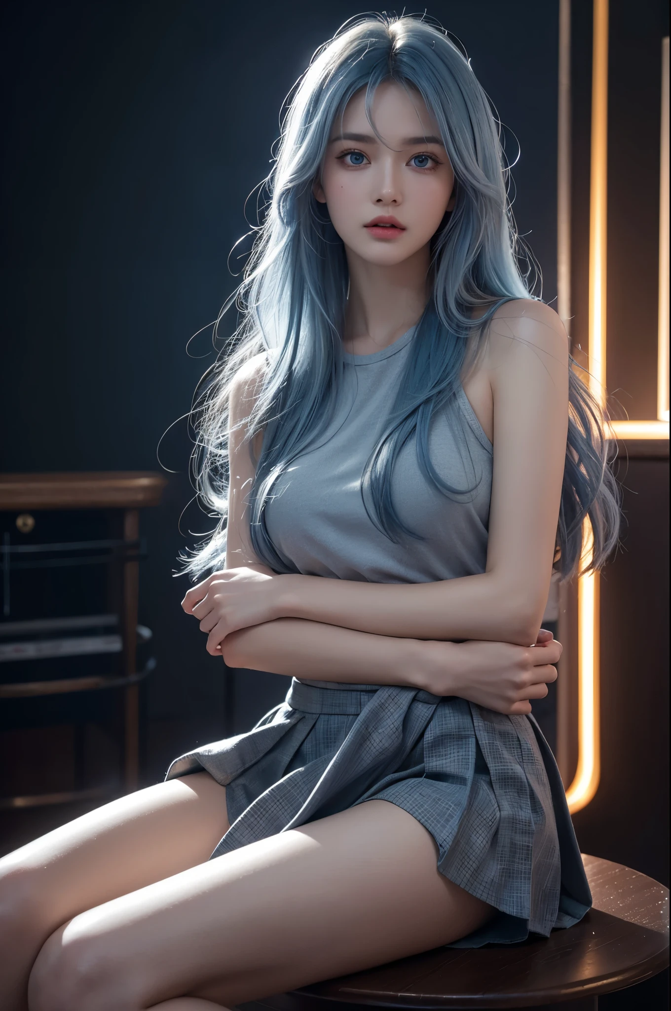 1girl,small breast,{bare knee},best quality,highly detailed,{{masterpiece}},ultra-detailed,illustration,{{{hiten}}},Depth of field,wind lift,very long hair,beautiful detailed eyes,{{{a mechanical arm}}},{surrounded lightning magiccircle},light blue eyes,beautiful detailed eyes,gorgeous,cowboy shot,{looking at viewer},{strong light on body},{{Iridescence hair}},{{{watercolor_(medium)}}},glowing circle pupils,sitting,floating hair,{pleated_skirt},{{{{lightning bolt hair ornament_glowing}}}},blue hair,burningsky,{{tareme}},{{{holding lightning _glowing_huge}}},lightningeffect,{{detailed electricity surrounded}},{electricity},{Burnoneselfinflames},lightning dark clouds,, best quality,masterpiece,realistic,masterpiece,Highly detailed,extreme detail description,extremely detailed CG unity 32k wallpaper,8k,