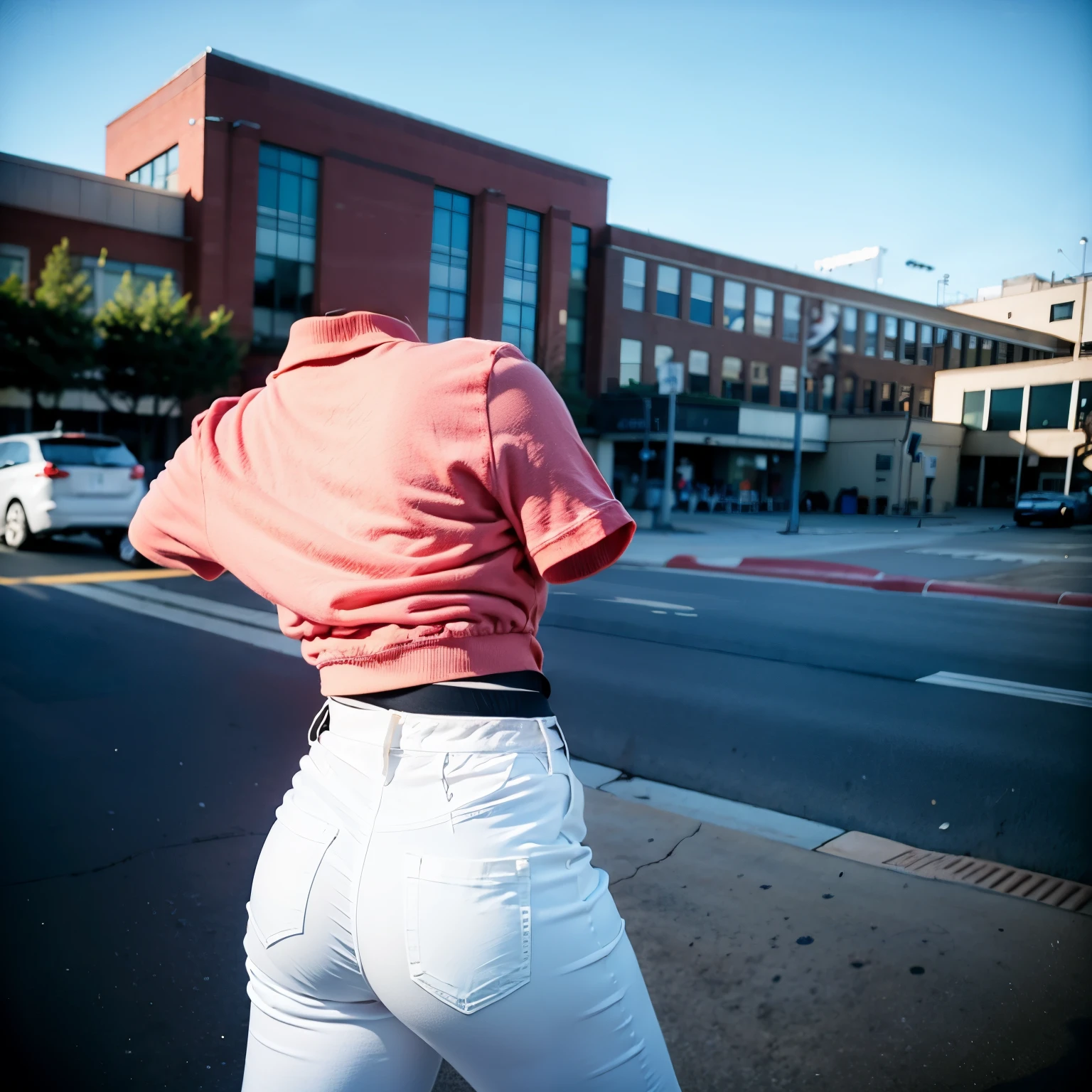 (Arching back, hands on hips), raise one leg, Hold your pee, fat, chubby, white leggings, (from back), polo shirt, (invisible, no humans, headless, faceless:1.5), cute big breasts, (8k, RAW photo, best quality, masterpiece:1.2), (realistic, photo-realistic:1.37), photon mapping, radiosity, ((Hasselblad photography)), physically-based rendering