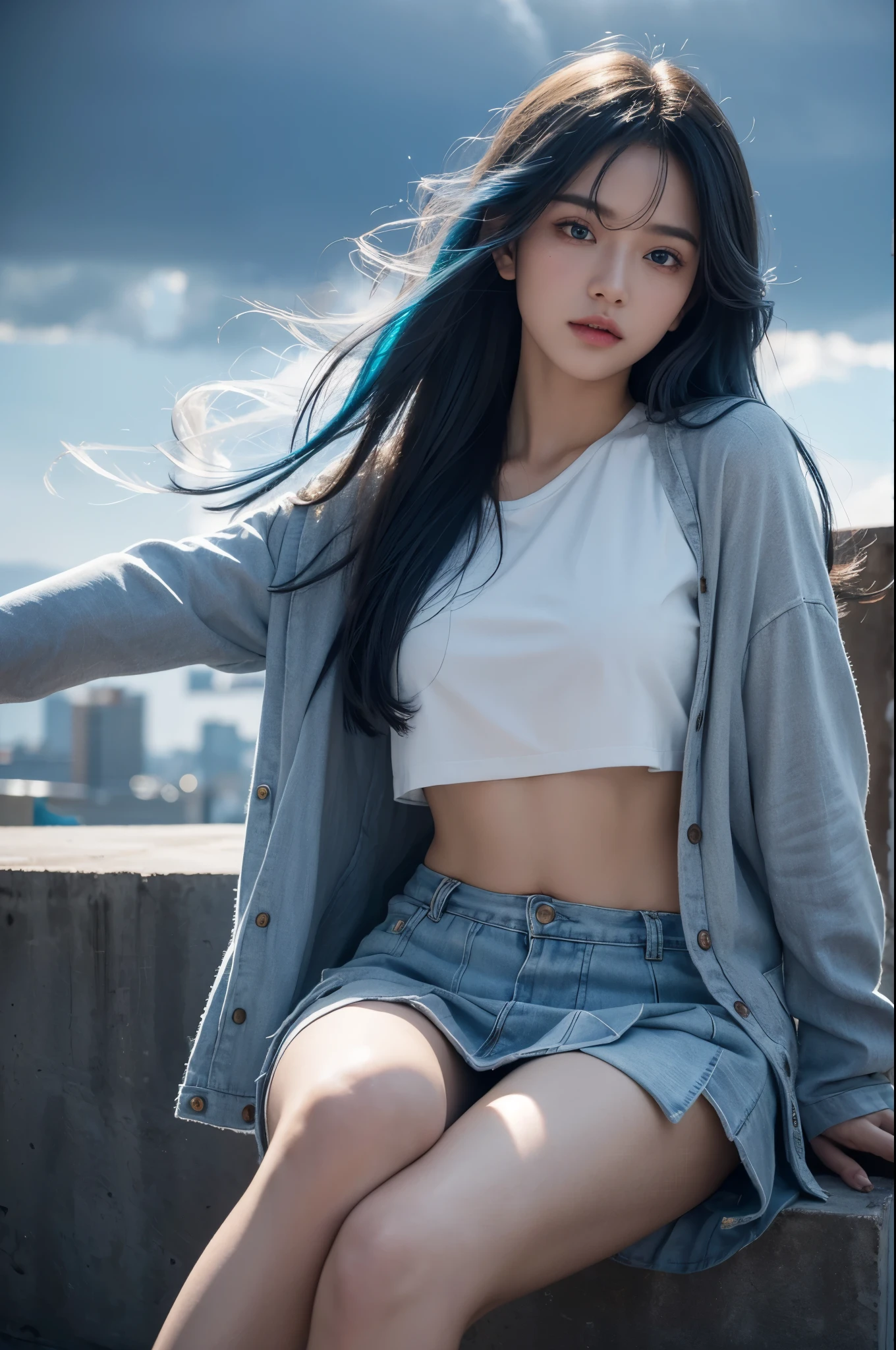 1girl,small breast,{bare knee},best quality,highly detailed,{{masterpiece}},ultra-detailed,illustration,{{{hiten}}},Depth of field,wind lift,very long hair,beautiful detailed eyes,{{{a mechanical arm}}},{surrounded lightning magiccircle},light blue eyes,beautiful detailed eyes,gorgeous,cowboy shot,{looking at viewer},{strong light on body},{{Iridescence hair}},{{{watercolor_(medium)}}},glowing circle pupils,sitting,floating hair,{pleated_skirt},{{{{lightning bolt hair ornament_glowing}}}},blue hair,burningsky,{{tareme}},{{{holding lightning _glowing_huge}}},lightningeffect,{{detailed electricity surrounded}},{electricity},{Burnoneselfinflames},lightning dark clouds,, best quality,masterpiece,realistic,masterpiece,Highly detailed,extreme detail description,extremely detailed CG unity 32k wallpaper,8k,