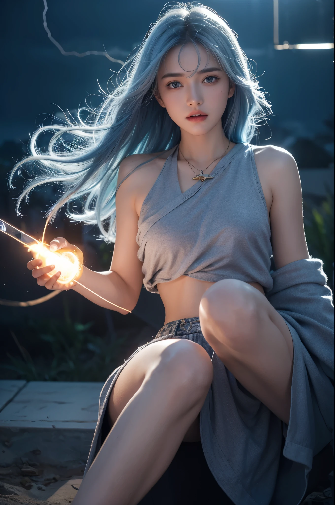 1girl,small breast,{bare knee},best quality,highly detailed,{{masterpiece}},ultra-detailed,illustration,{{{hiten}}},Depth of field,wind lift,very long hair,beautiful detailed eyes,{{{a mechanical arm}}},{surrounded lightning magiccircle},light blue eyes,beautiful detailed eyes,gorgeous,cowboy shot,{looking at viewer},{strong light on body},{{Iridescence hair}},{{{watercolor_(medium)}}},glowing circle pupils,sitting,floating hair,{pleated_skirt},{{{{lightning bolt hair ornament_glowing}}}},blue hair,burningsky,{{tareme}},{{{holding lightning _glowing_huge}}},lightningeffect,{{detailed electricity surrounded}},{electricity},{Burnoneselfinflames},lightning dark clouds,, best quality,masterpiece,realistic,masterpiece,Highly detailed,extreme detail description,extremely detailed CG unity 32k wallpaper,8k,