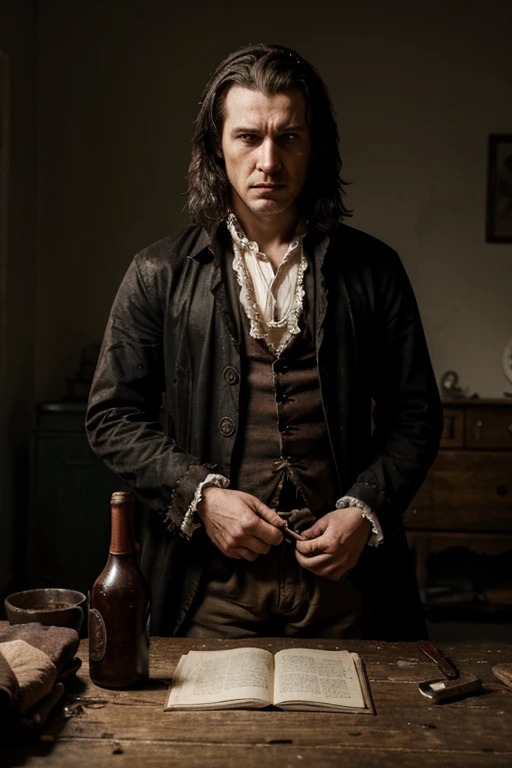 depressed, angry, British man from 1700, he is wearing dirty clothes
