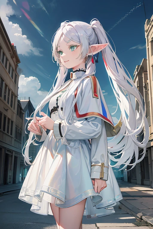 ((Freezing)), ((masterpiece)), (very saturated), (High resolution:1.3), (Professional photography:1.2), Wide Shot, (Cinema Lighting), One girl, alone, (Flat body), (smile), walking, beautiful, Fairy, Pointed Ears, Gray Hair, (Long twin tails), Green Eyes, White Dress, White Cape, ((A white aura emanating from her)), magic, (Shabby ruins), City Walking