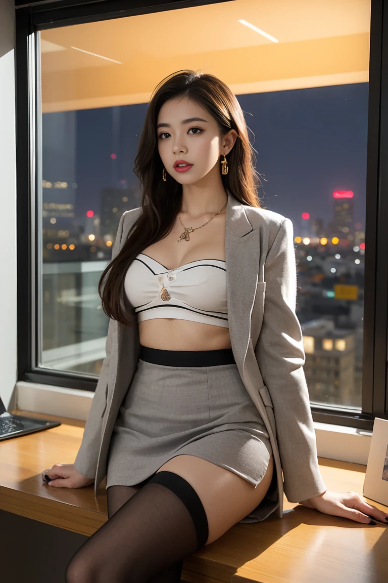 in the office，a young beautiful lady，Wear professional attire，gray blazer，Lace bandeau underwear，slit covered skirt。Bigger and wider hips，thin waist，The upper body rounder，full，Super in shape。Dressed up with jewelry，necklace，earrings，watch，High heel，black stockings。Painted with light makeup，beautiful eyeeautiful lips，very beautiful，Very temperamental。at desk，camel toe, Background modern city office buildings，Very modern，There a lot of space，Outside the window the night view of the city，Modern Shanghai city night view。8 p.m，City neon lights flashing。Professional lighting effectovie shot，intricate details，The best resolution，masterpiece。Complete fingers，intricate details
