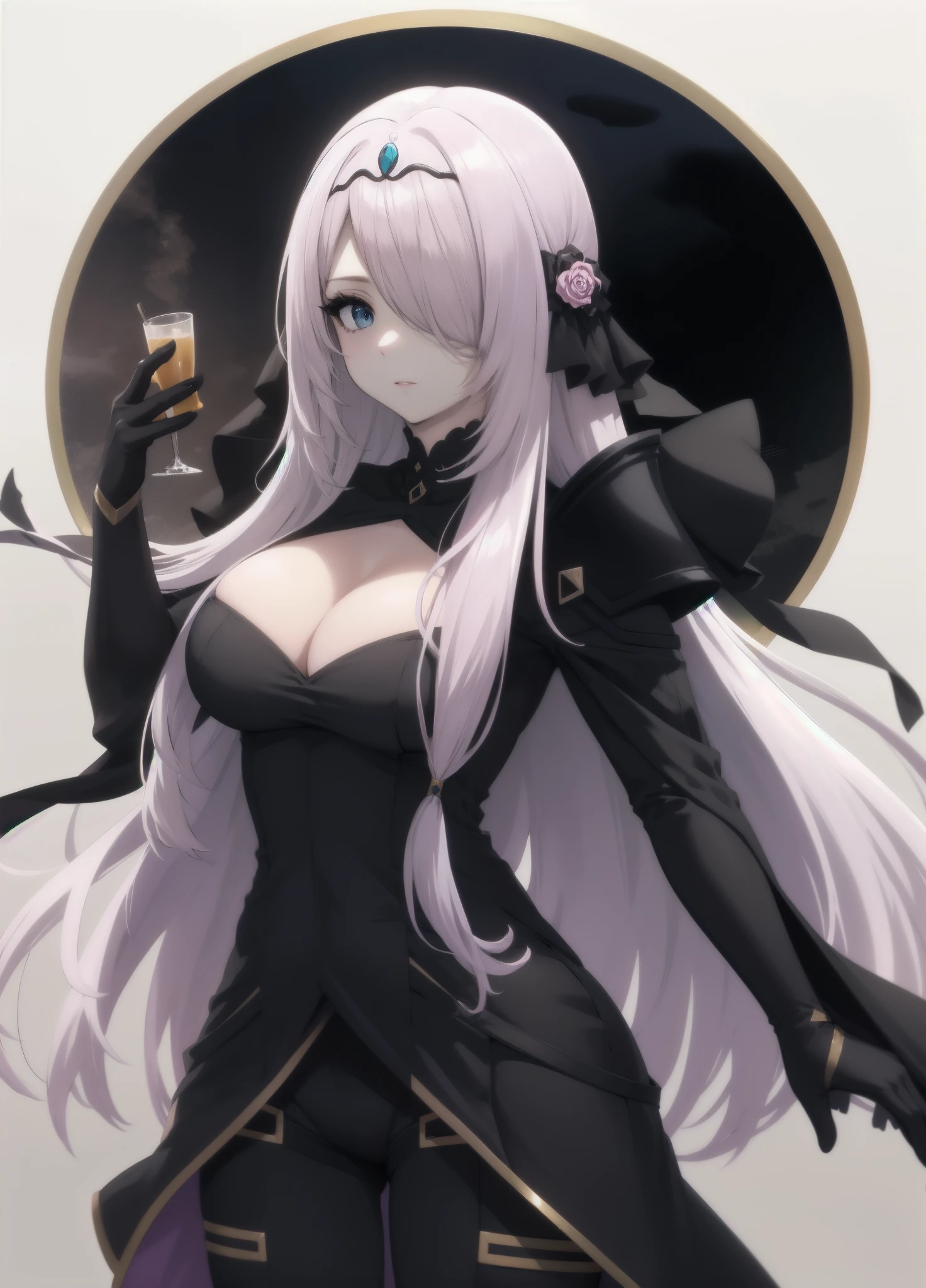 victoria horns, tiara, veil, black bodysuit, shoulder armor, long sleeves, cleavage cutout, black gloves, black overskirt, black pants
