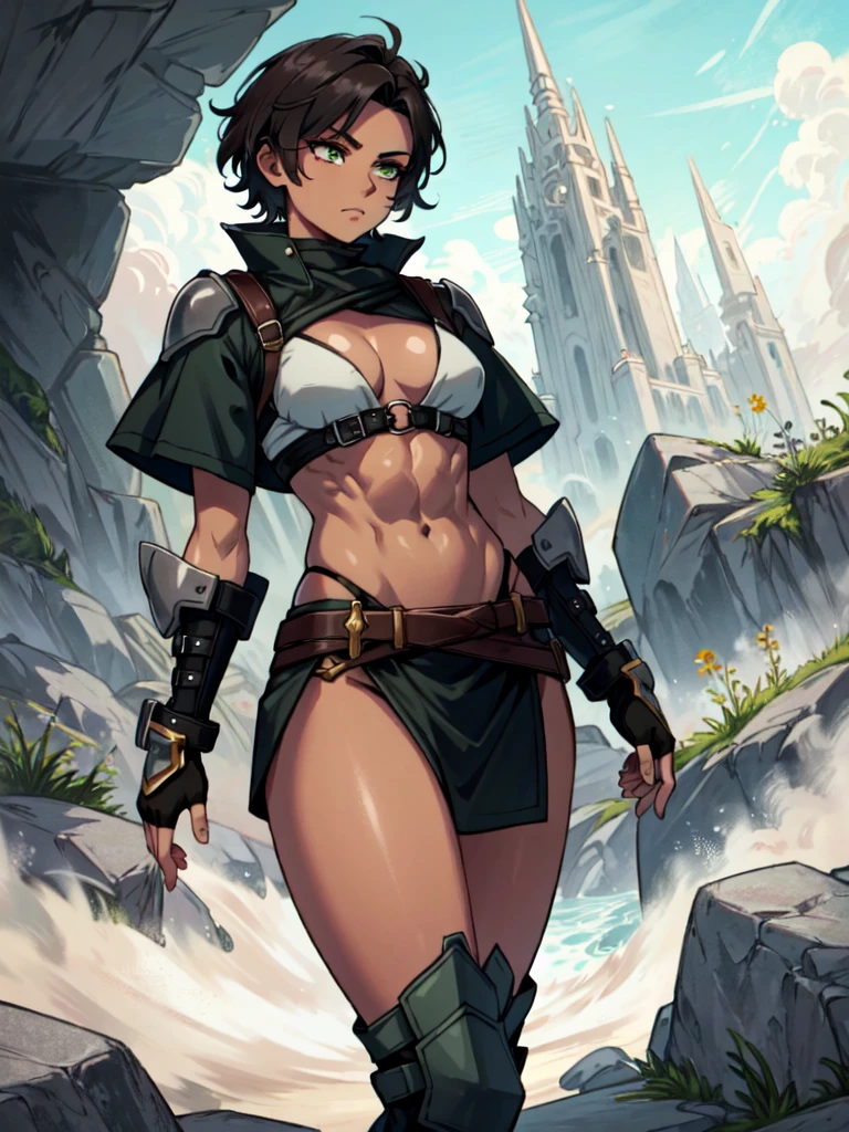 dark-skinned female, abs, muscular, very short hair, stone-like skin, dark brown hair, green eyes, strong, tall, fingerless gloves, cracks in skin, earth elemental, gauntlets