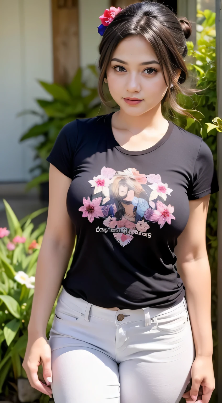 1 malay girl, vibrant brown hair bun color, shy, full body shot, watery eyes, droopy eyes, watery, lip glossy, sad face, ((medium breast)), wear t-shirt white color, jeans pant, flower garden background, bokeh background, proportional body, looking at camera,