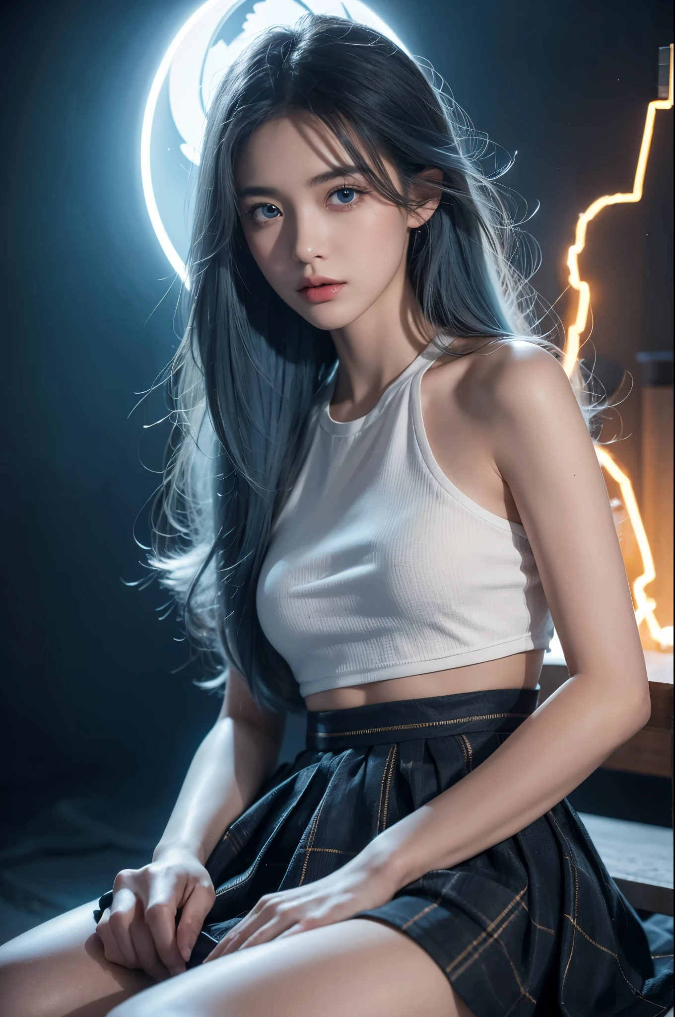 1girl,small breast,{bare knee},best quality,highly detailed,{{masterpiece}},ultra-detailed,illustration,{{{hiten}}},Depth of field,wind lift,very long hair,beautiful detailed eyes,{{{a mechanical arm}}},{surrounded lightning magiccircle},light blue eyes,beautiful detailed eyes,gorgeous,cowboy shot,{looking at viewer},{strong light on body},{{Iridescence hair}},{{{watercolor_(medium)}}},glowing circle pupils,sitting,floating hair,{pleated_skirt},{{{{lightning bolt hair ornament_glowing}}}},blue hair,burningsky,{{tareme}},{{{holding lightning _glowing_huge}}},lightningeffect,{{detailed electricity surrounded}},{electricity},{Burnoneselfinflames},lightning dark clouds,, best quality,masterpiece,realistic,masterpiece,Highly detailed,extreme detail description,extremely detailed CG unity 32k wallpaper,8k,