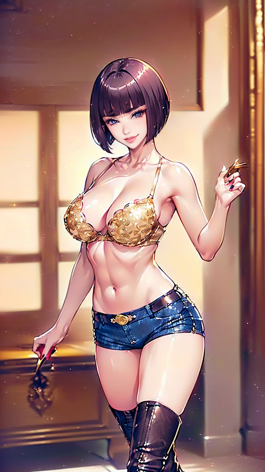 ((shiny eyes, 1girl, milf, standing, sexy pose, ((Itsuki Shima, mature female, (cowboy shot:1.2), short hair, brown hair, bob cut, brown eyes, looking at viewer, perfect body, perfect eyes, anime eyes, eyeshadow, perfect face, (blush, smirking:1.1), sharp focus, professional artwork, intricate details)), ((fitness,, shapely body, athletic body, toned body)), (((sequin encrusted bra, (gold sequin bra), sequin gold), (mini short, short jeans, micro short), ((high heel boots, (stiletto heels, (leather boots, custom boots), stiletto heels), high heel boots, thigh-high boots, beige thigh)), white lace stockings, entrance hall of a luxurious mansion, modern, sumptuous decoration ))